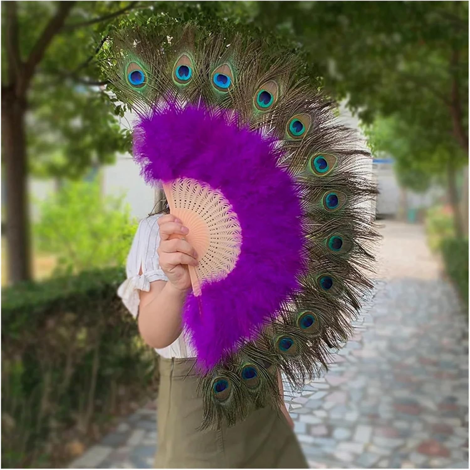 Peacock Feather Fan Performance Feather Folding Fan Gothic Dance Hand Fan Folding Feather Fans(White)