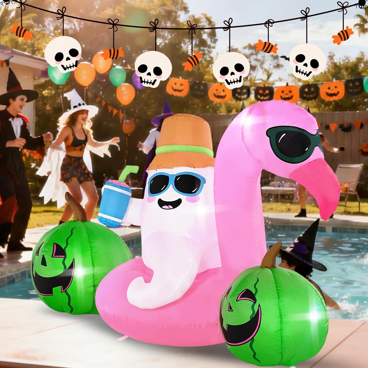 6FT White Ghost Flamingo Summer HalloweenOutdoor Inflatable Decoration with Built-in LED Lights, Suitable for Indoor, Outdoor, and Lawn Parties
