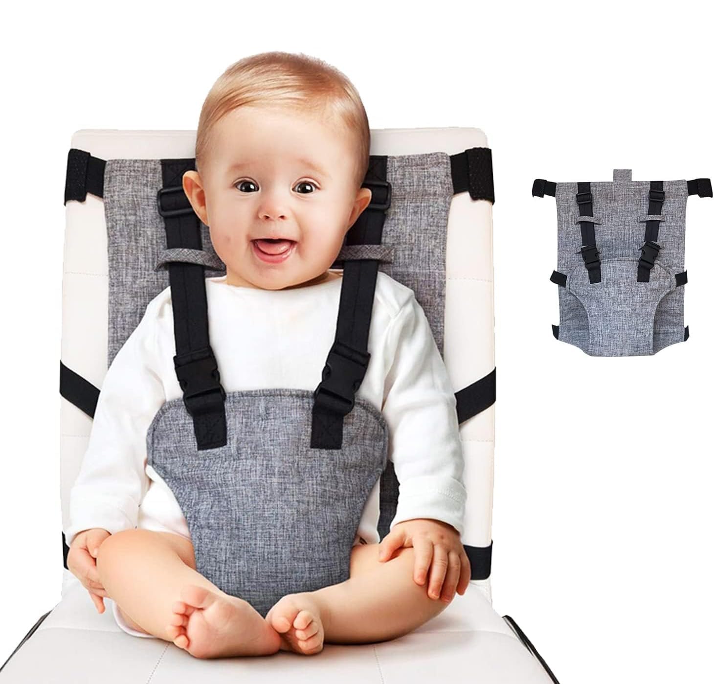 Portable Baby Cloth High Chair Harness with Straps, Grey Baby Travel Harness Seat with Adjustable Straps Travel Gear