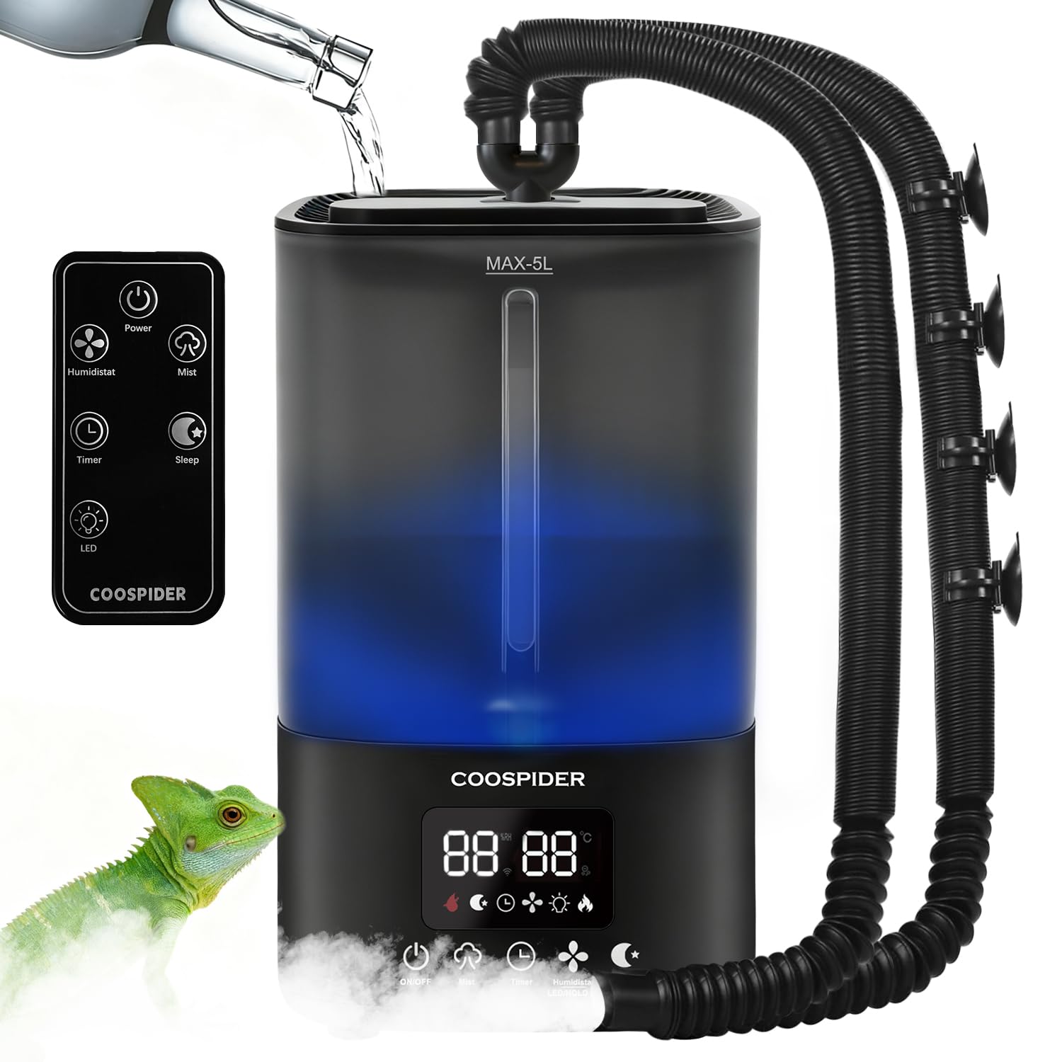 Coospider Reptile Fogger Humidifier, Automatic Humidifiers for Reptiles Tank, Terrarium Humidifiers with Dual Hose Timer Humidity Control, Reptile Mister for Amphibians Herps Vivarium (5L/1.32Gallon) - terrarium accessories | Mubboo