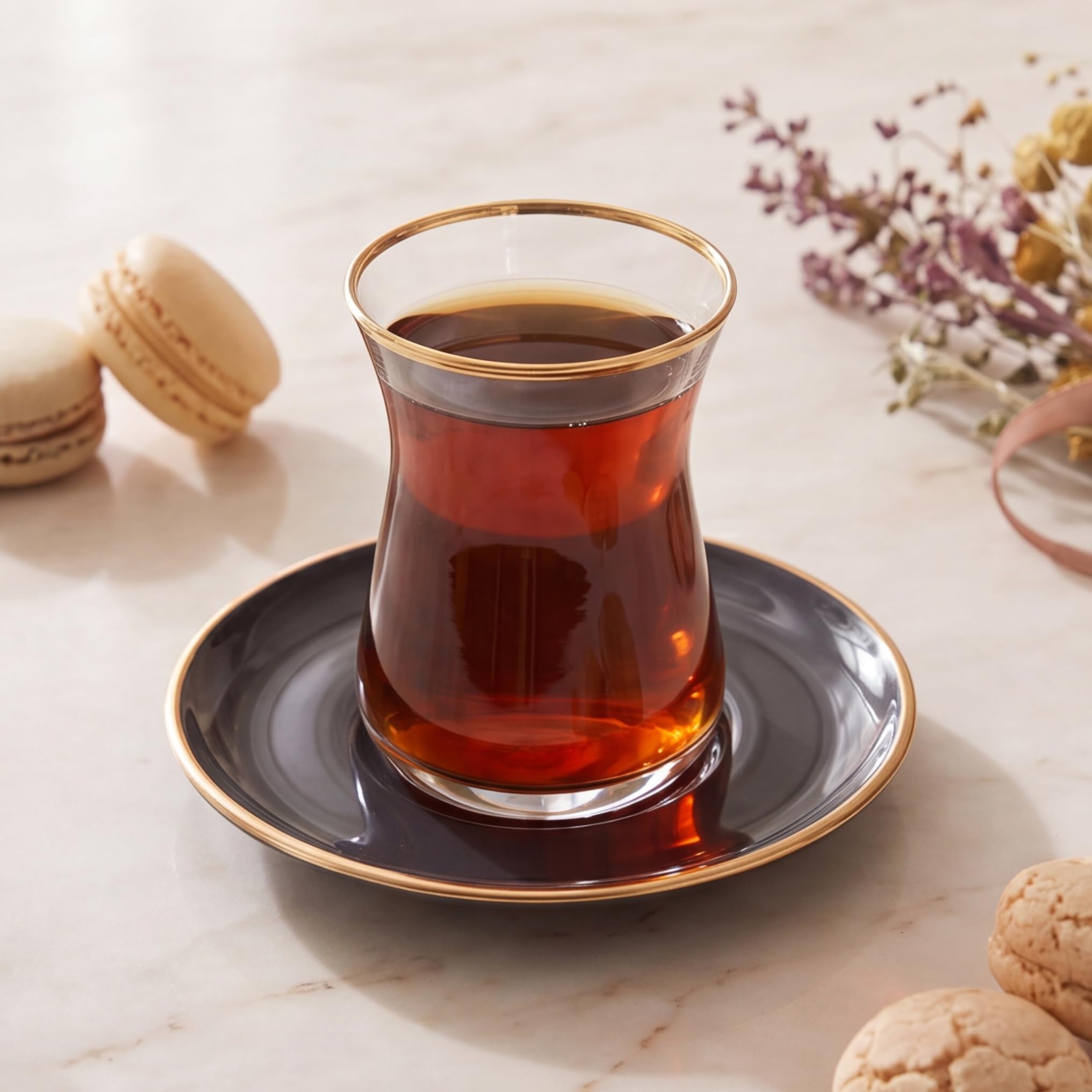 KARACA Juego de té retro antracita para 6 personas, vasos de té turco con platillos, 12 piezas, detalles de calcomanía dorada