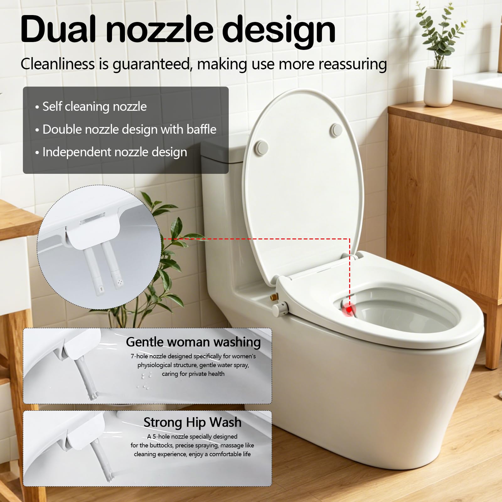 Abattant WC Japonais Forme O, Siège de WC Lavant Lunette de Toilette non Électrique à Double Buse et Fermeture Amortie et 2 Coussins de Siège de WC à Dégagement Rapide
