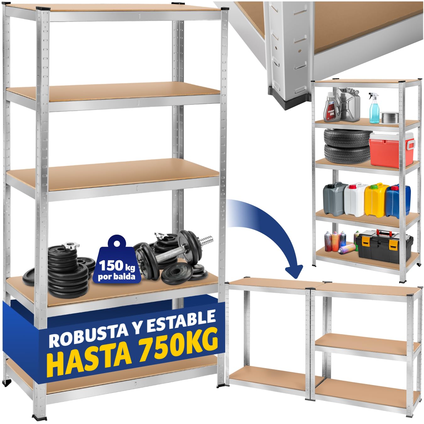 tectake® estantería metálica de 5 estantes, Montaje versátil, Ideal para Taller, Garaje o trastero, estanteria Libros, estanteria trastero, estanteria Metalica - 90 x 40 x 180 cm 750 kg Carga Máxima