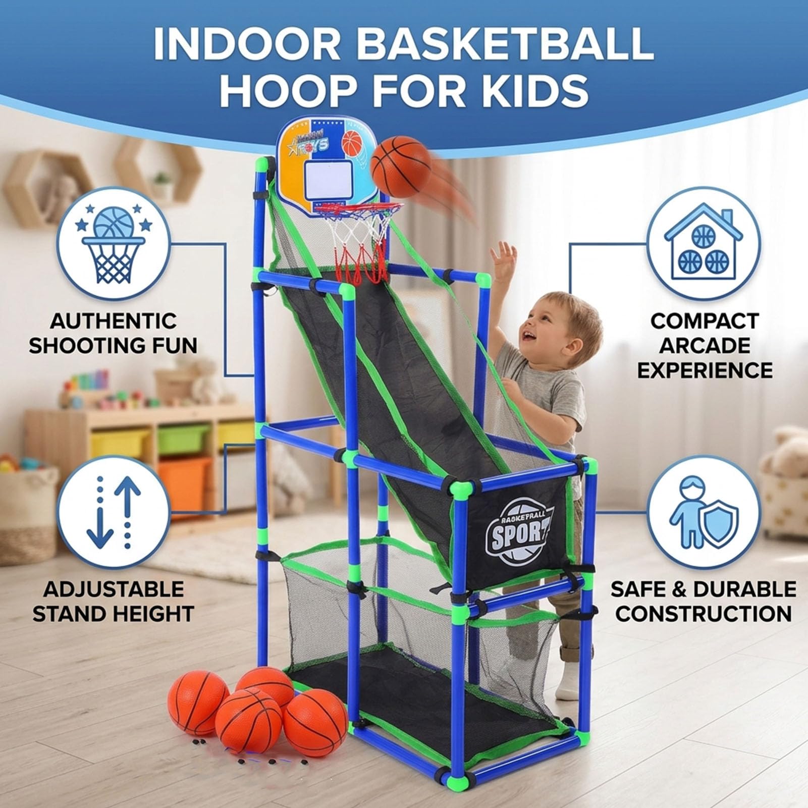 Alomejor Basketballspiel-Set, Basketballkorb aus Kunststoff mit 4 Bällen und Luftpumpe, 67 X 36 X 128 cm, Einfach Aufzubauendes Basketball-Set für Drinnen und Draußen, für, Spielzimmer,