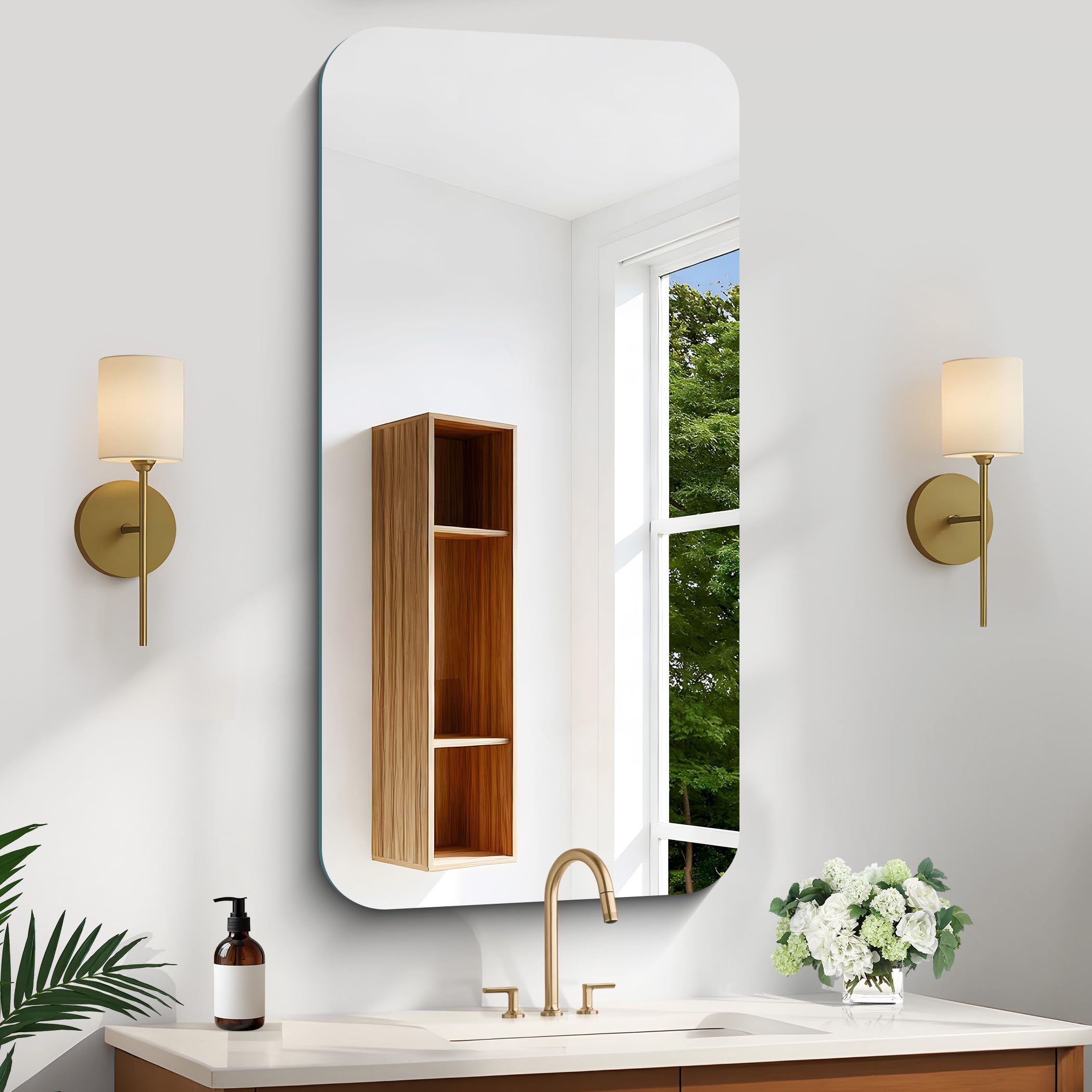 Miroir mural rectangulaire 50 x 100 cm sans cadre avec coins arrondis, miroir rectangulaire pour salle de bain, chambre à coucher, salon, à suspendre horizontalement ou verticalement