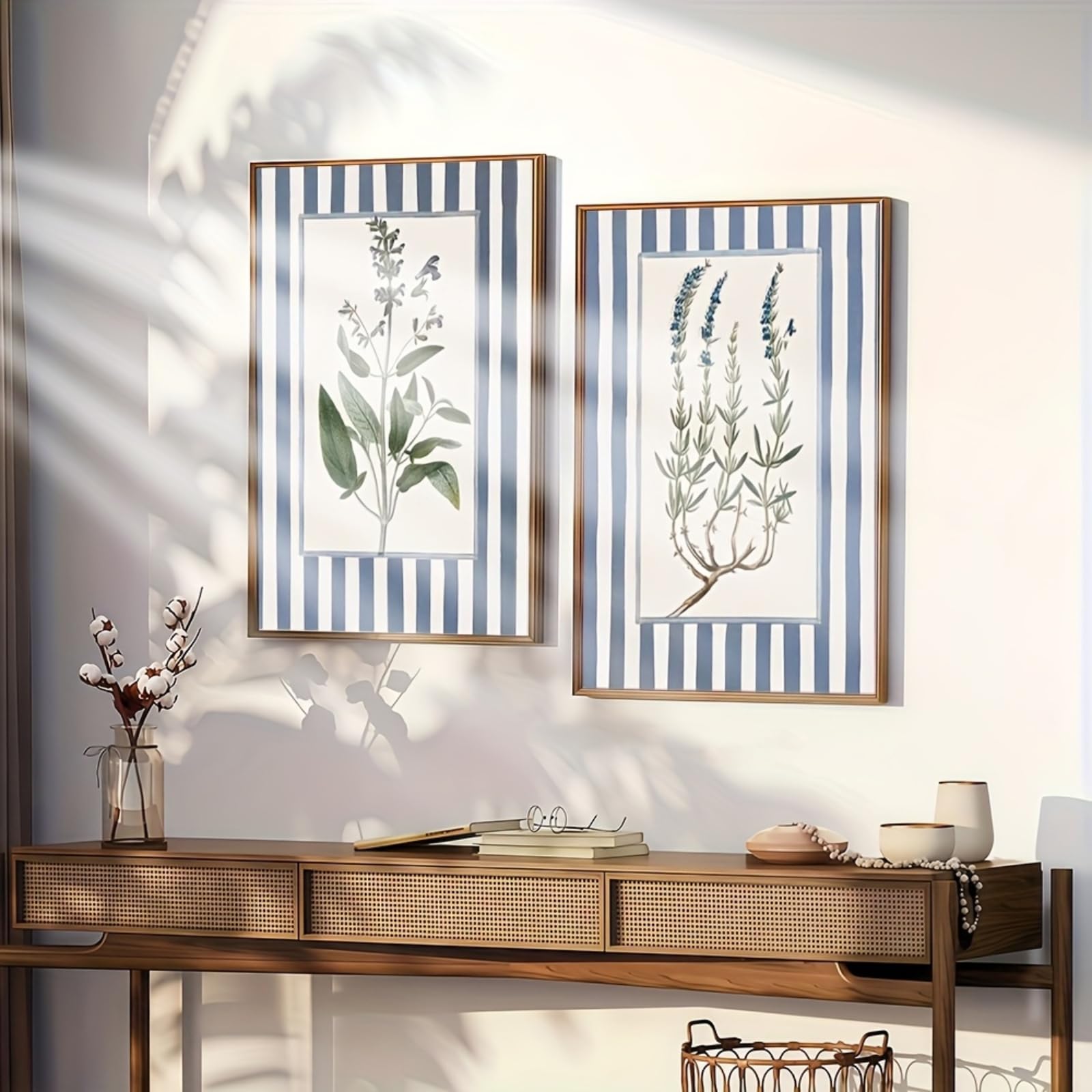 ZBELLO Set of 2 Posters, 2D Flat, Blue-striped Plants, Floral Print Set, Blue and Pink Striped Pattern, Suitable for Living Rooms, Bedrooms and Offices, Frameless (21x30cm)