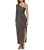 Women's One Sleeve High Slit Striped Foil Knit Dress