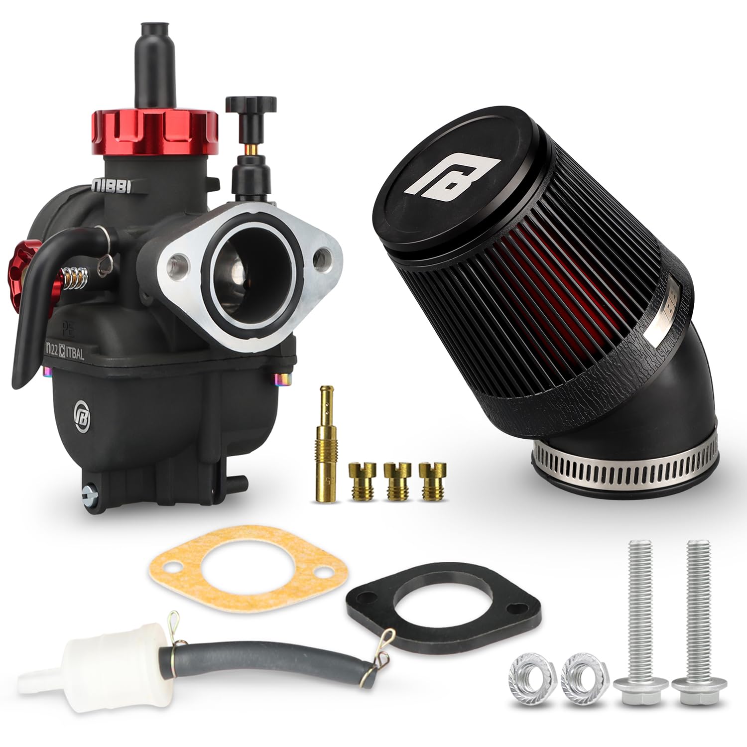 Nibbi Carburador PE24mm con Filtro de Aire CNC 48mm, Kit de Brida para Moto 140cc- 150cc, Compatible con Dirt Bike, Pit Bike, ATV, Pocket Bike