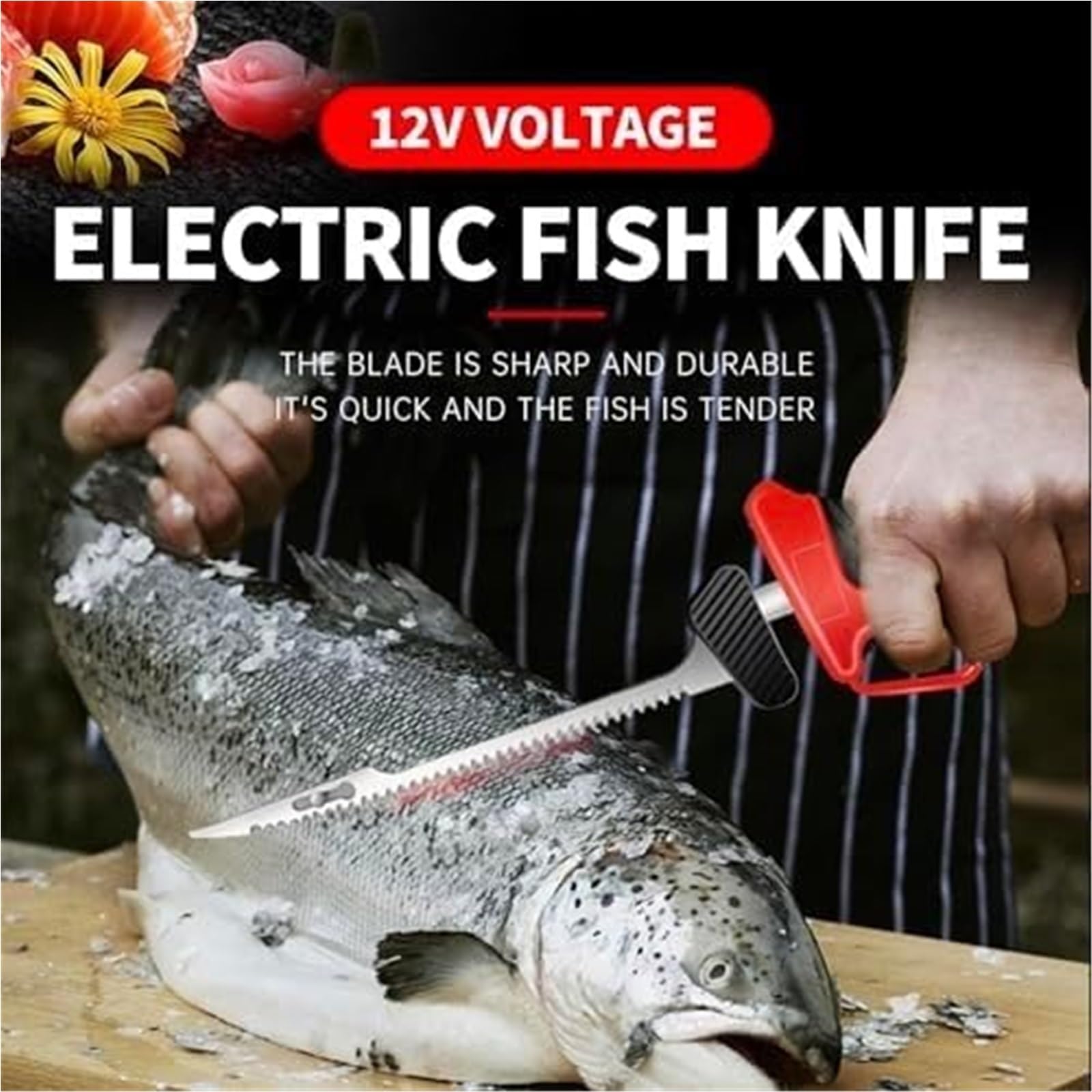 Cuchillo eléctrico inalámbrico for filetear pescado, cuchillo de pesca inalámbrico y recargable con 4 hojas recubiertas de titanio, 2 pilas, mango antideslizante y cierre de seguridad, for carne y pan