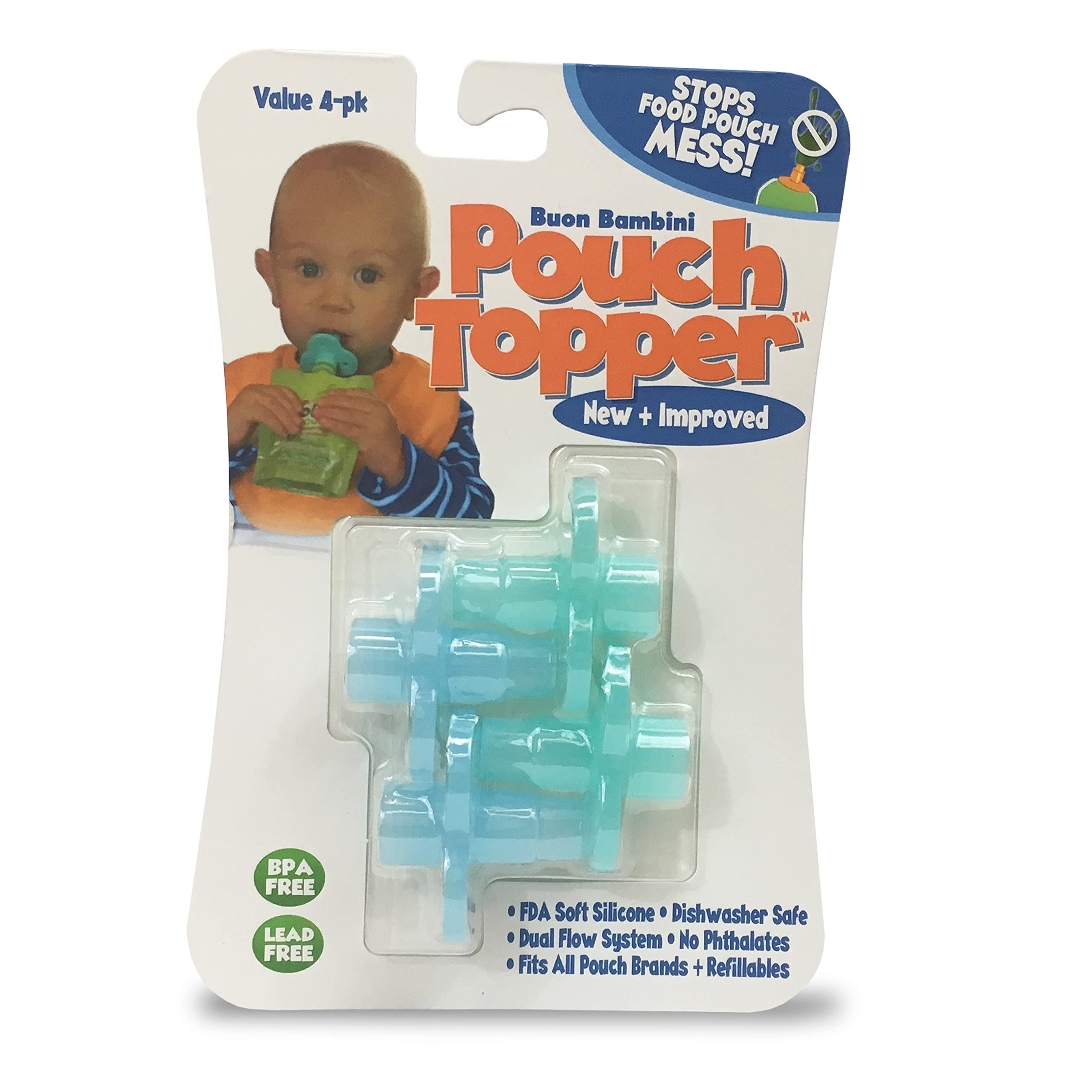 Soft Sip Baby Food Pouch Toppers - 100% Silicone, Dishwasher-Friendly and Mess-Free Feeding for Babies 6 Months+, Universal Fit for All Brands, Ideal for Chunky Meals, and Travel - Aqua Blue, 4 Packs