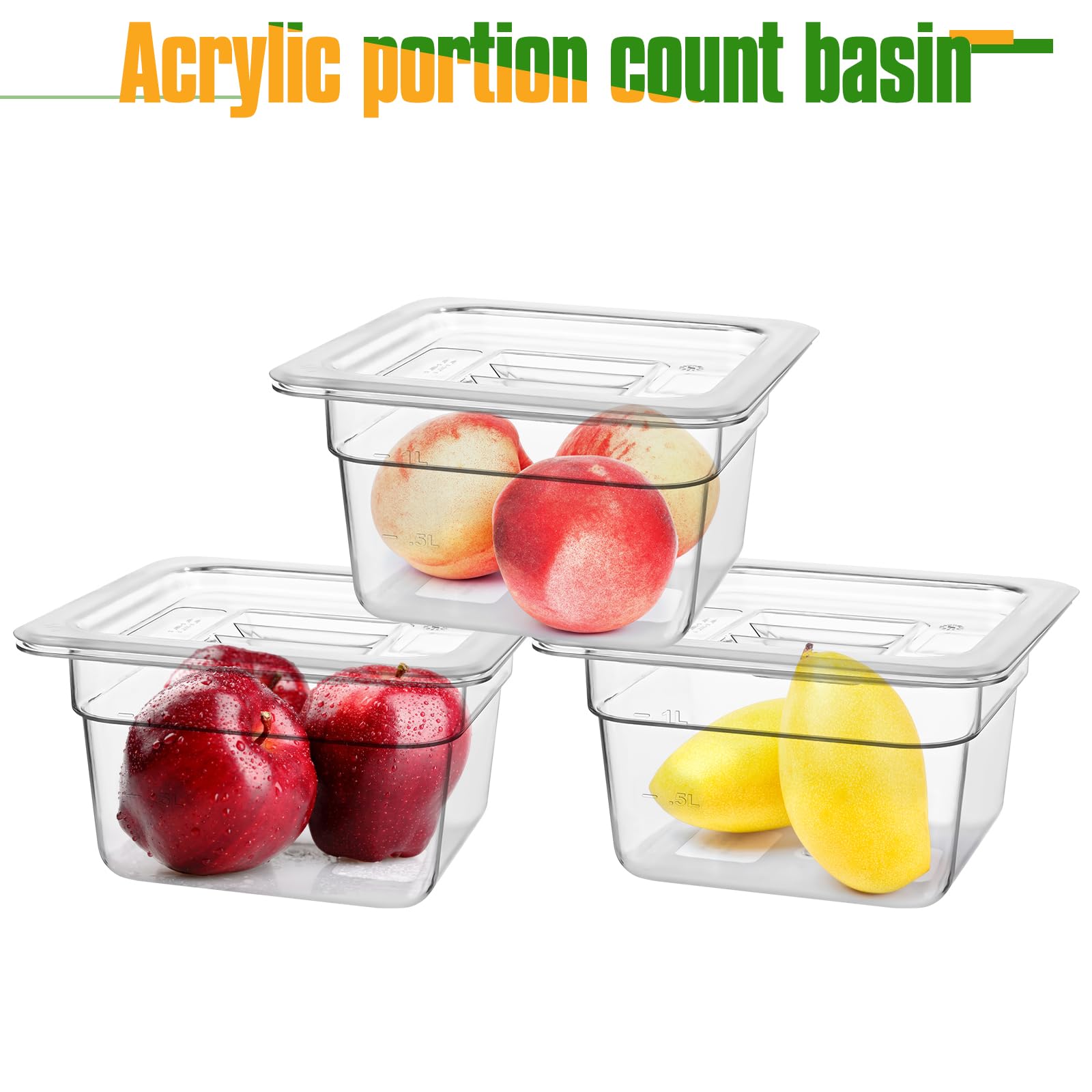 Confezione da 12 padelle in plastica trasparente con coperchi, 1/6 di misura 10,2 cm, in policarbonato, impilabili, per hotel, con 1 cucchiaio, per frutta e verdura