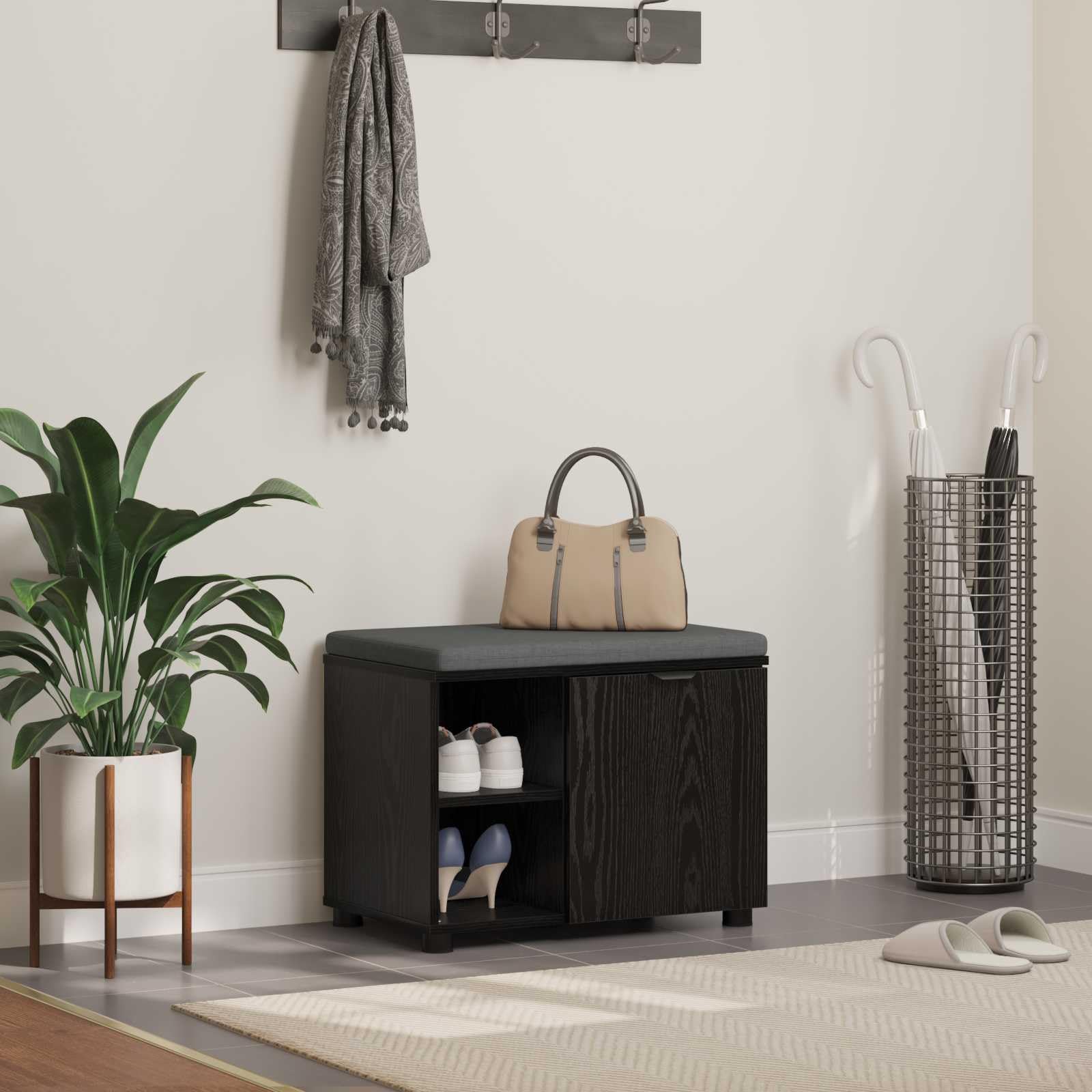 Banc de couloir avec coussin et rangement coffre en bois aspect chêne 60cm