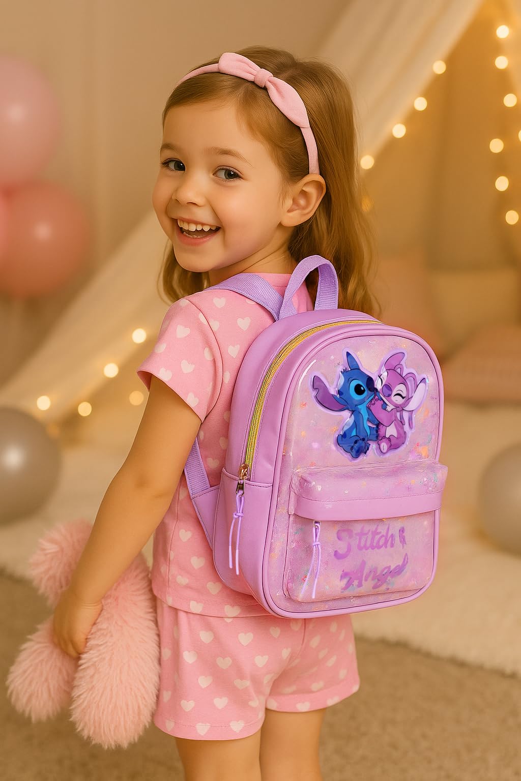 Bolso Stitch y Angel para Niña – Mochila Infantil Disney Brillante con Purpurina – Regalo Oficial de Lilo & Stitch – Ligero y Resistente