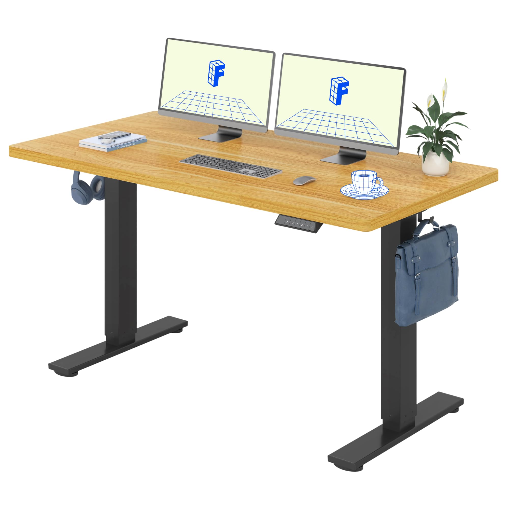 FLEXISPOT Höhenverstellbarer Schreibtisch 140×80cm, mit Haken und 25mm EINTEILIGER Tischplatte, ergonomischer Schreibtisch mit LED-Höhenanzeige und Memory-Funktion (Ahorn, Schwarz)