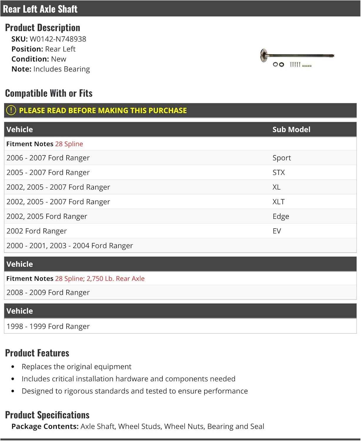 Marketplace Auto Parts Rear Left Driver Side Axle Shaft - Compatible with 1998-2009 Ford Ranger
