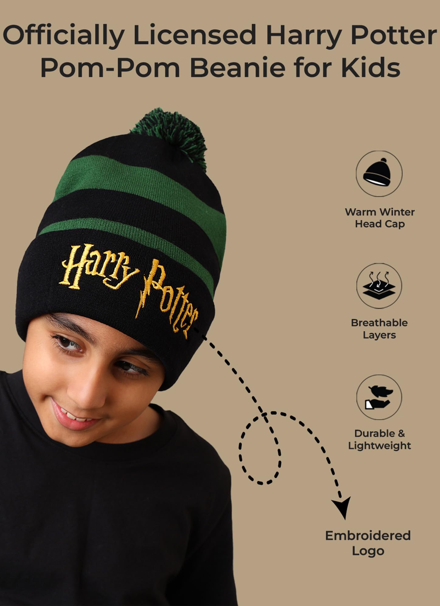 Kidsville Official Harry Potter Embroidered Black Green Beanie for Boys & Girls | Warm Winter Head Cap Kids 2