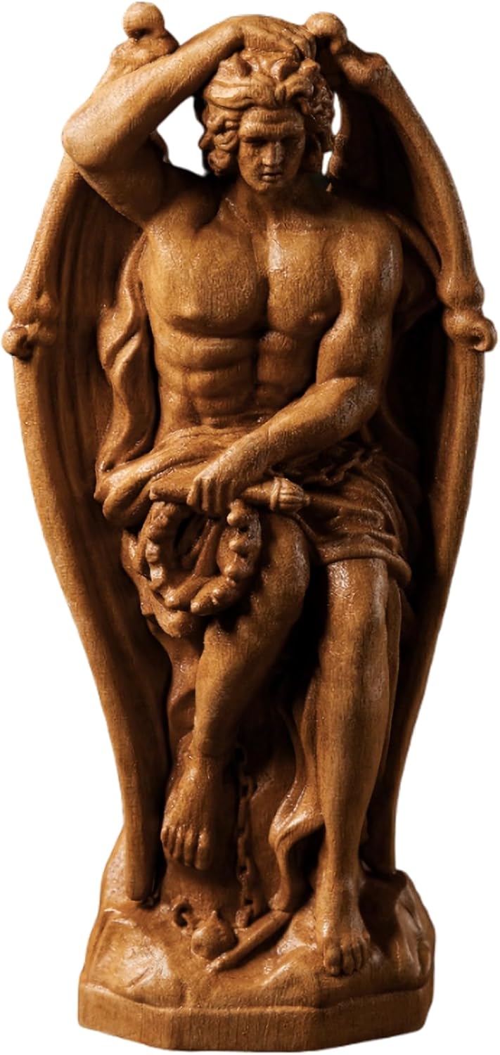 Le Génie du Mal – Majestic Lucifer Statue | Fallen Angel Demon Wood Carving | Precision-Detailed Satanic Artifact for Home Altar Decor (Wood)