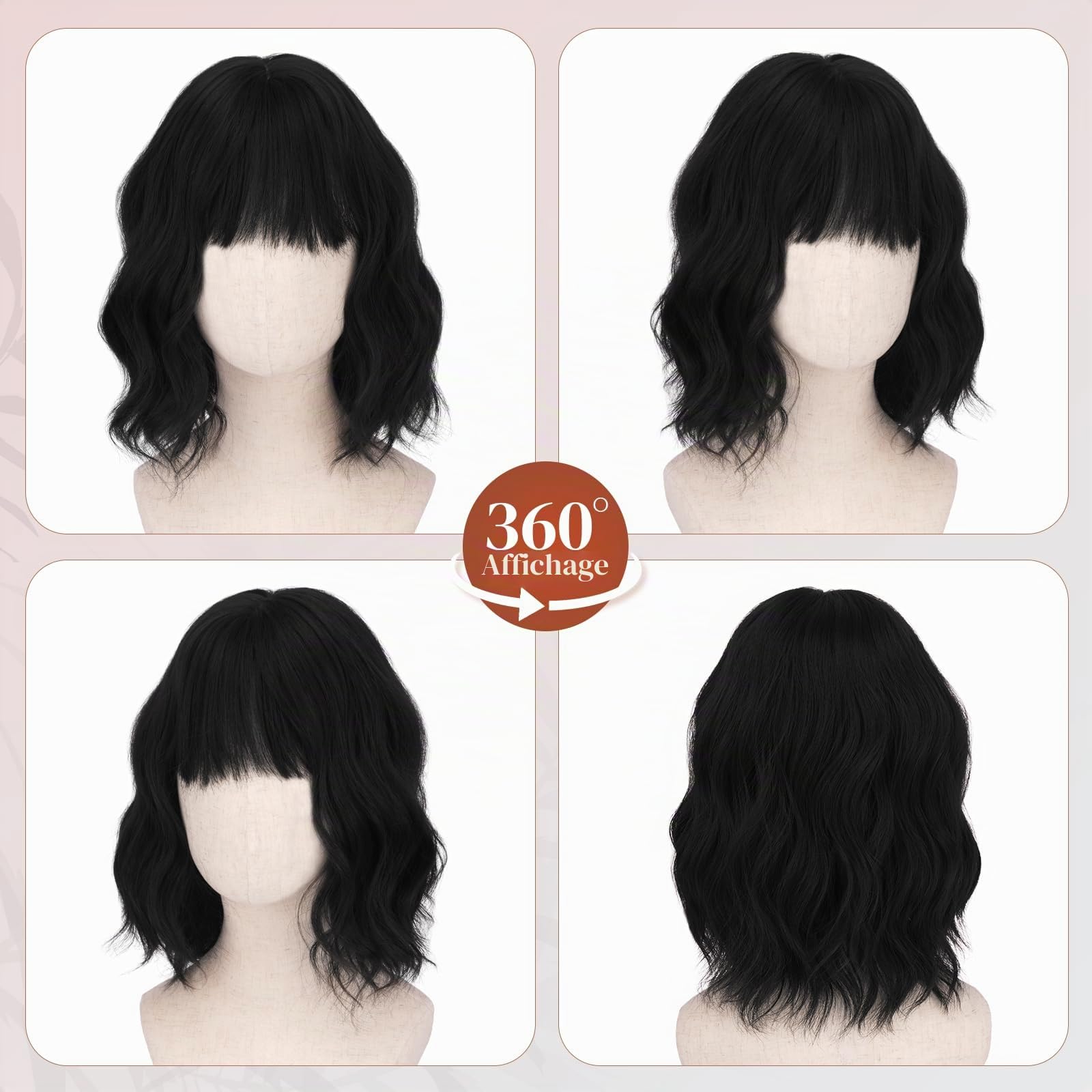RUWISS Perruque Bob Naturelle Courte Femme avec Franges, 35 cm Perruque Noir Naturel Bouclée Ondulée Synthétiques pour Cosplay Quotidien Halloween