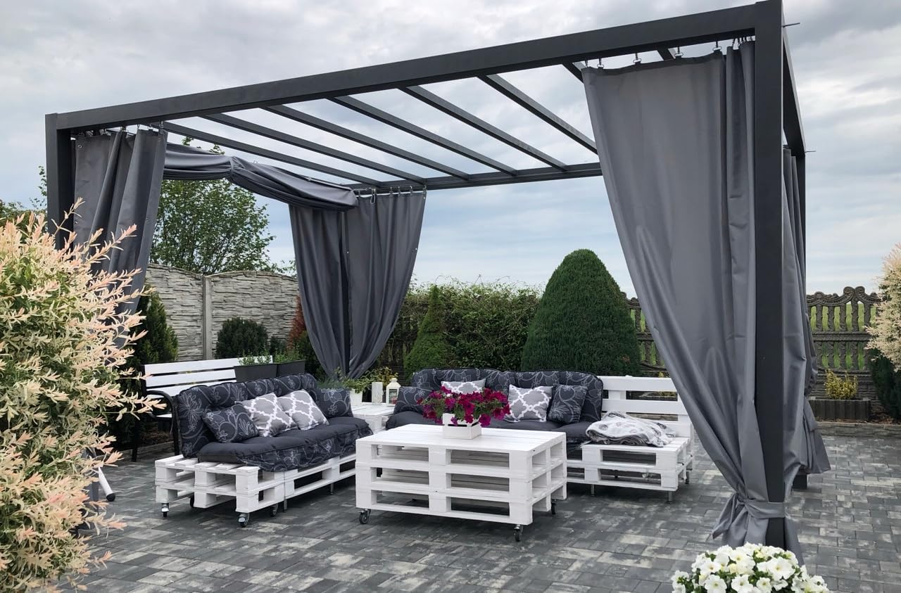 Gardine 300x250 cm Grau - Outdoor Vorhang Wetterfest mit ösen - Langlebige und Wetterfeste Sonnenblende - Gardine mit Stahlseil Set - Vorhänge für Aussenbereich