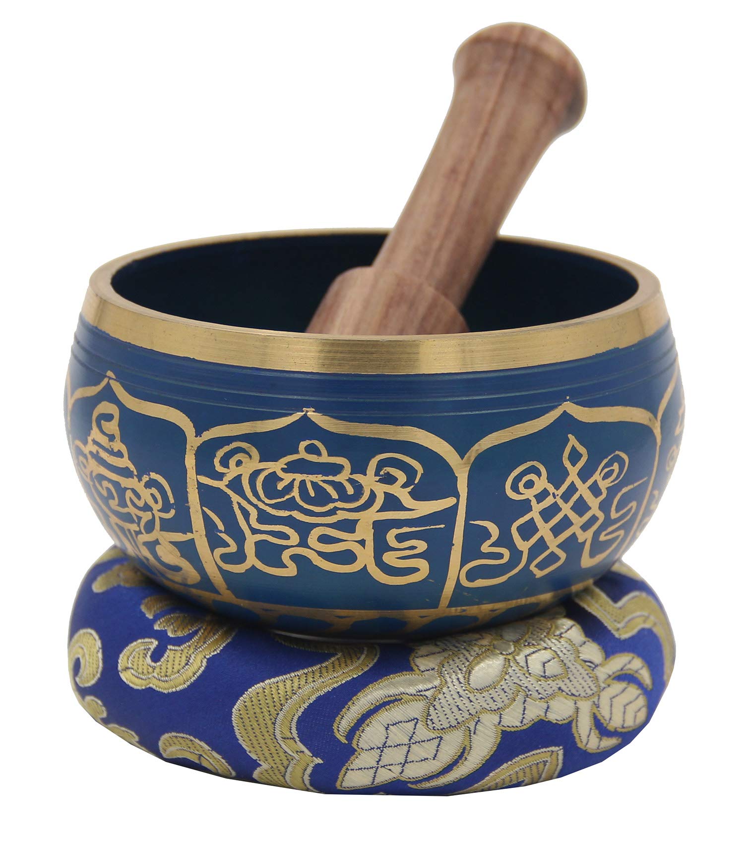DharmaObjects ~ Tibetan OM MANI Singing Bowl Set ~ With Mallet, Brocade Cushion & Carry Bag ~ For Meditation, Chakra Healing, Prayer, Yoga (Eight Lucky Symbol, Blue)