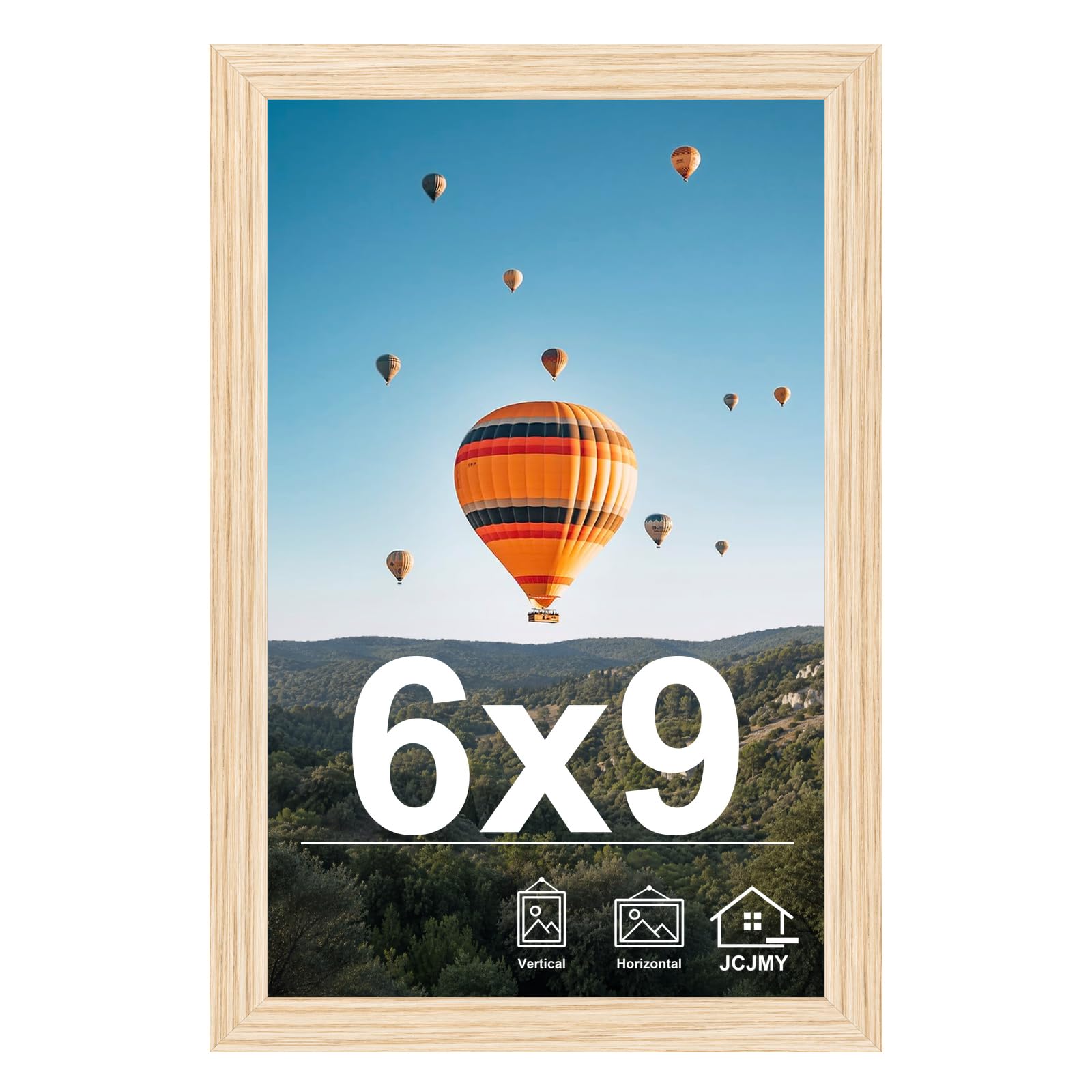 JCJMY 6x9 Picture Frame for Wall Hanging or Tabletop, Wall Mounting Horizontally or Vertically, 6 x 9 Wall Gallery Poster Photo Frame with Shatter Resistant Plexiglass, Natural
