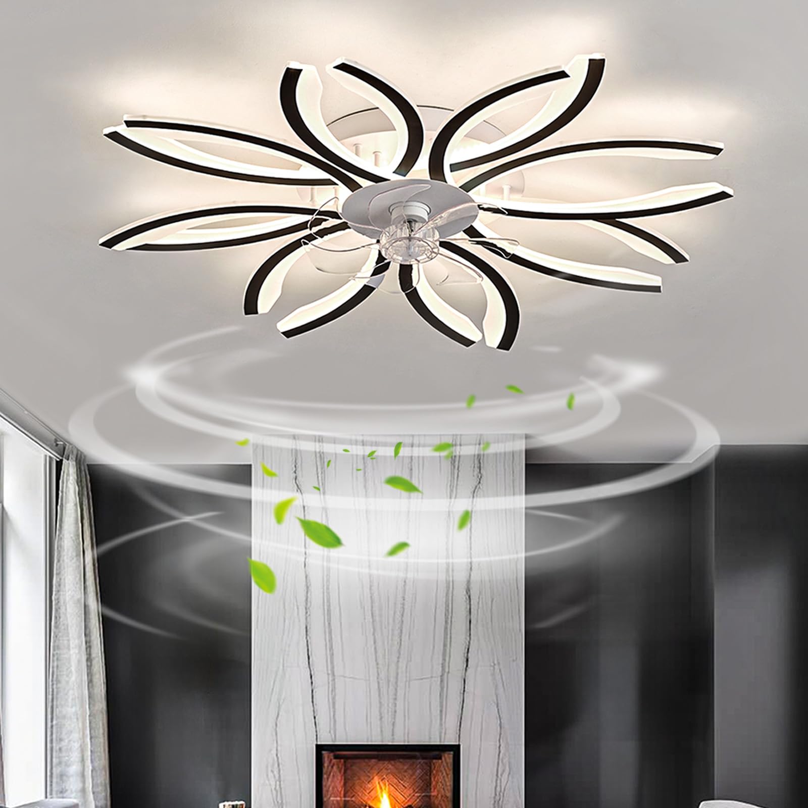 Caufloce Ceiling Fans with Lights Reversible Bedroom Ceiling Fans with Lamps Dimmable Led Fan Light 6 Speed with Timer Modern Living Roomchandelier with Fan for Kitchen Lounge-105cm Black