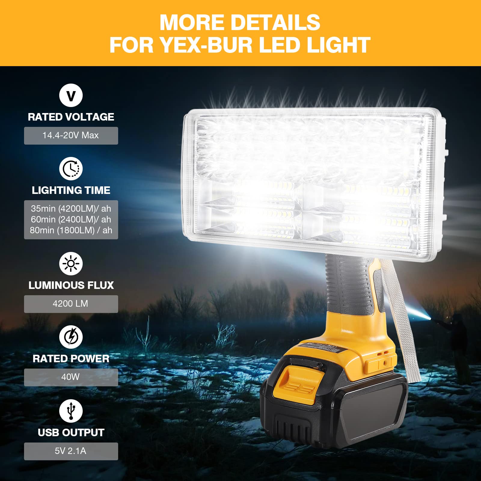 Lampe De Travail LED YEX-BUR 2000 Lm – Compatible Batterie Lithium Dewalt – Neuve