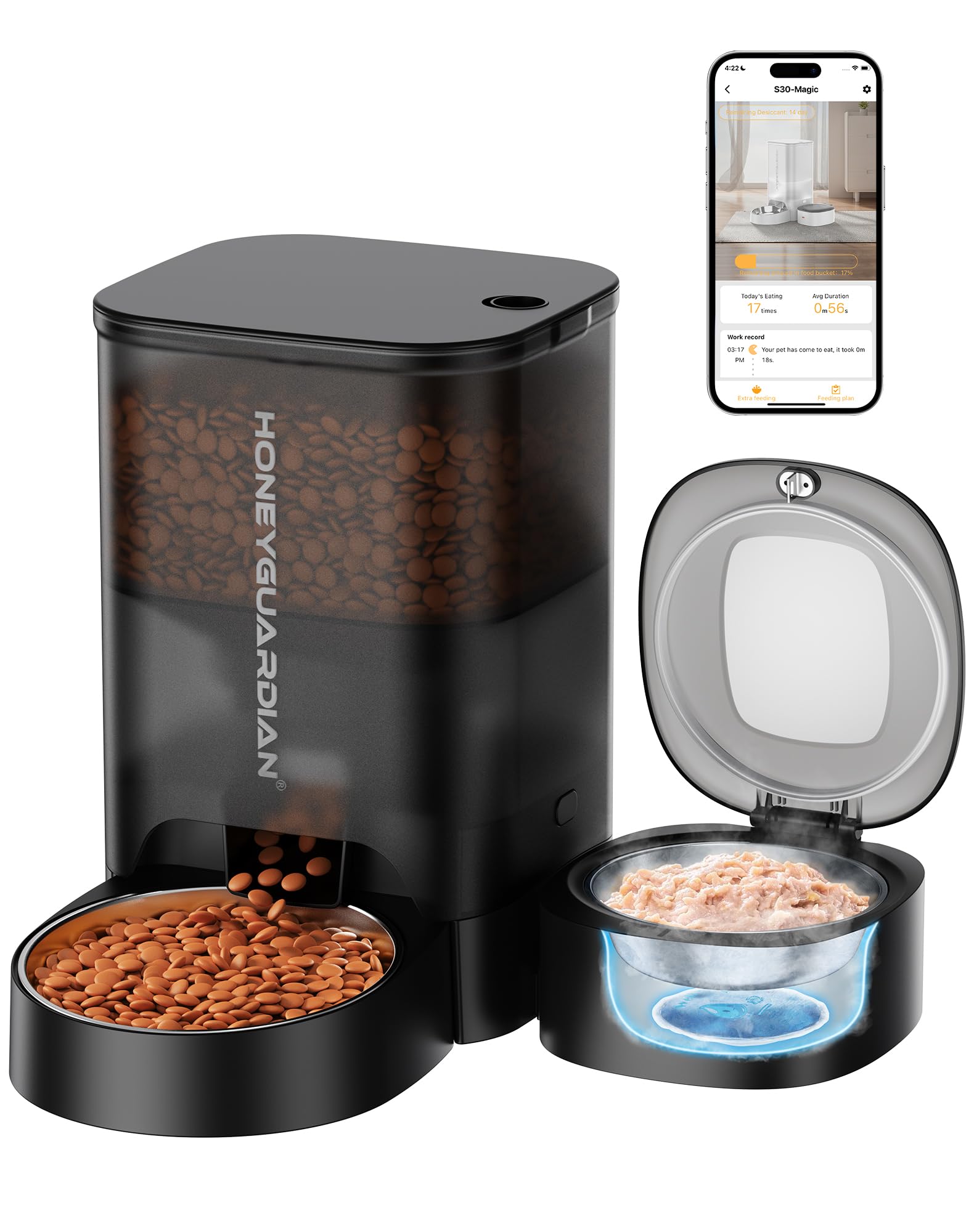 HoneyGuaridan Automatic Cat Feeder for Wet Food,2.4G WiFi Enabled Smart Feed Pet Feeder with Ice Pack and Freshness Dry Desiccant,Timed Dry Food Dispenser with APP Control