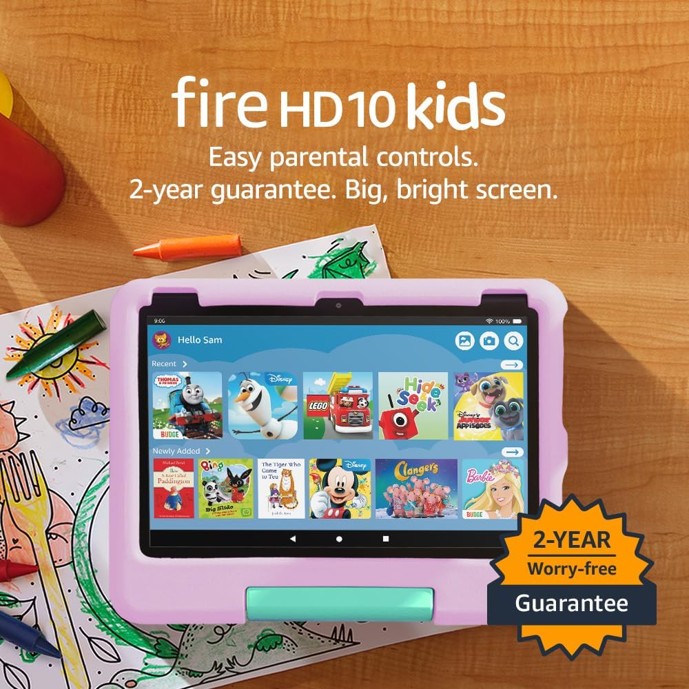Amazon Fire HD 10 Kids tablet | ages 3–7, 10.1″ brilliant screen, parental controls, 2-year worry-free guarantee, 2023 release, 32 GB, Pink