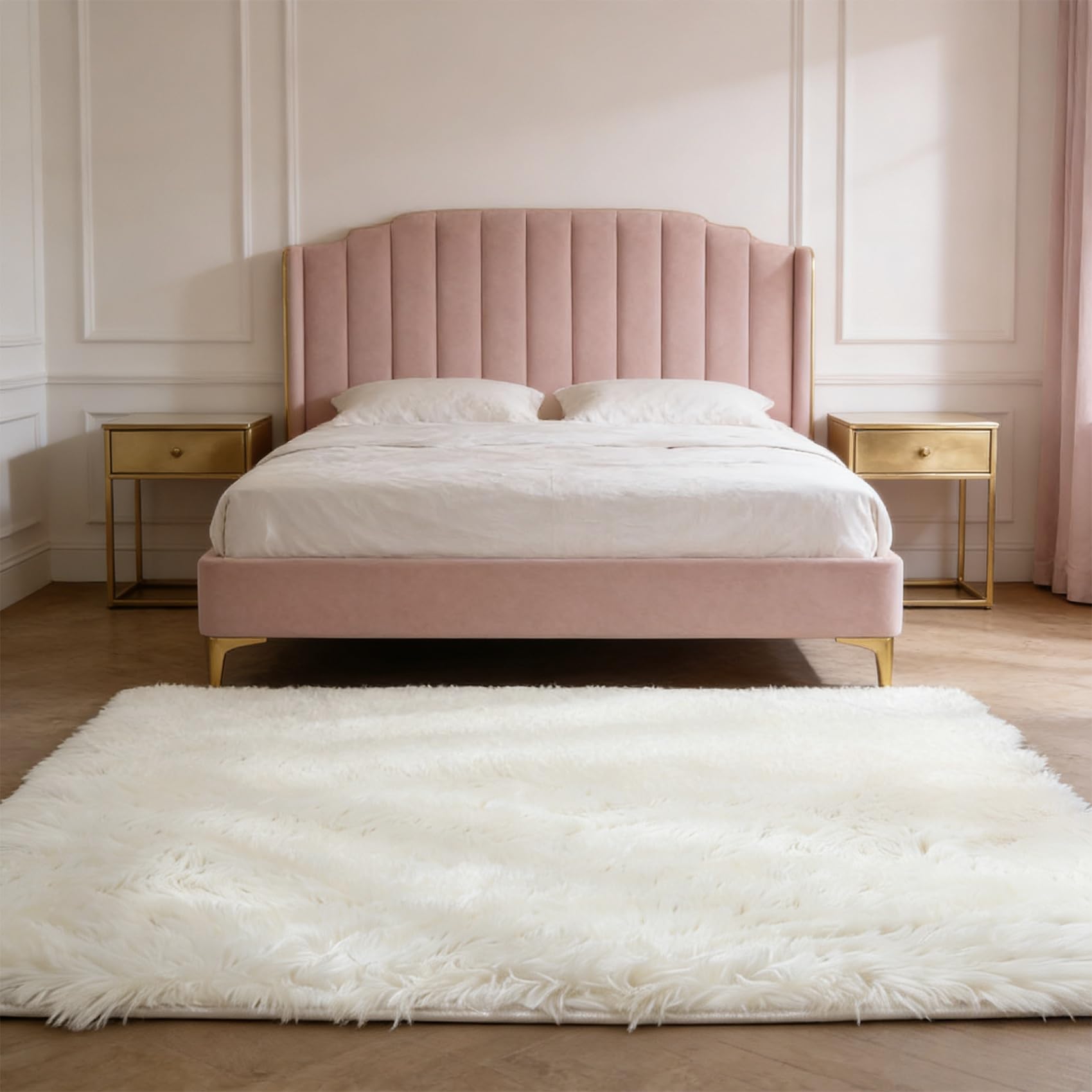Tapis de salon 140x105 cm blanc à poils longs moderne pour chambre