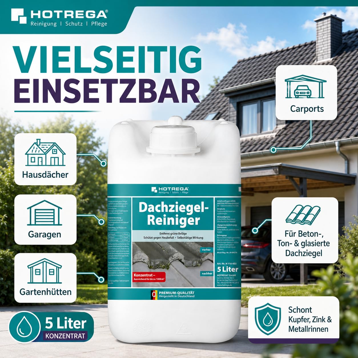 HOTREGA Dachziegel Reiniger Konzentrat 5 L | Gegen Algen & Moos | Chlorfrei | Selbsttätiger Grünbelagentferner | Reichweite bis 1000m² | Für Beton, Ton & Glasur | Schont Kupfer, Zink & Metallrinnen