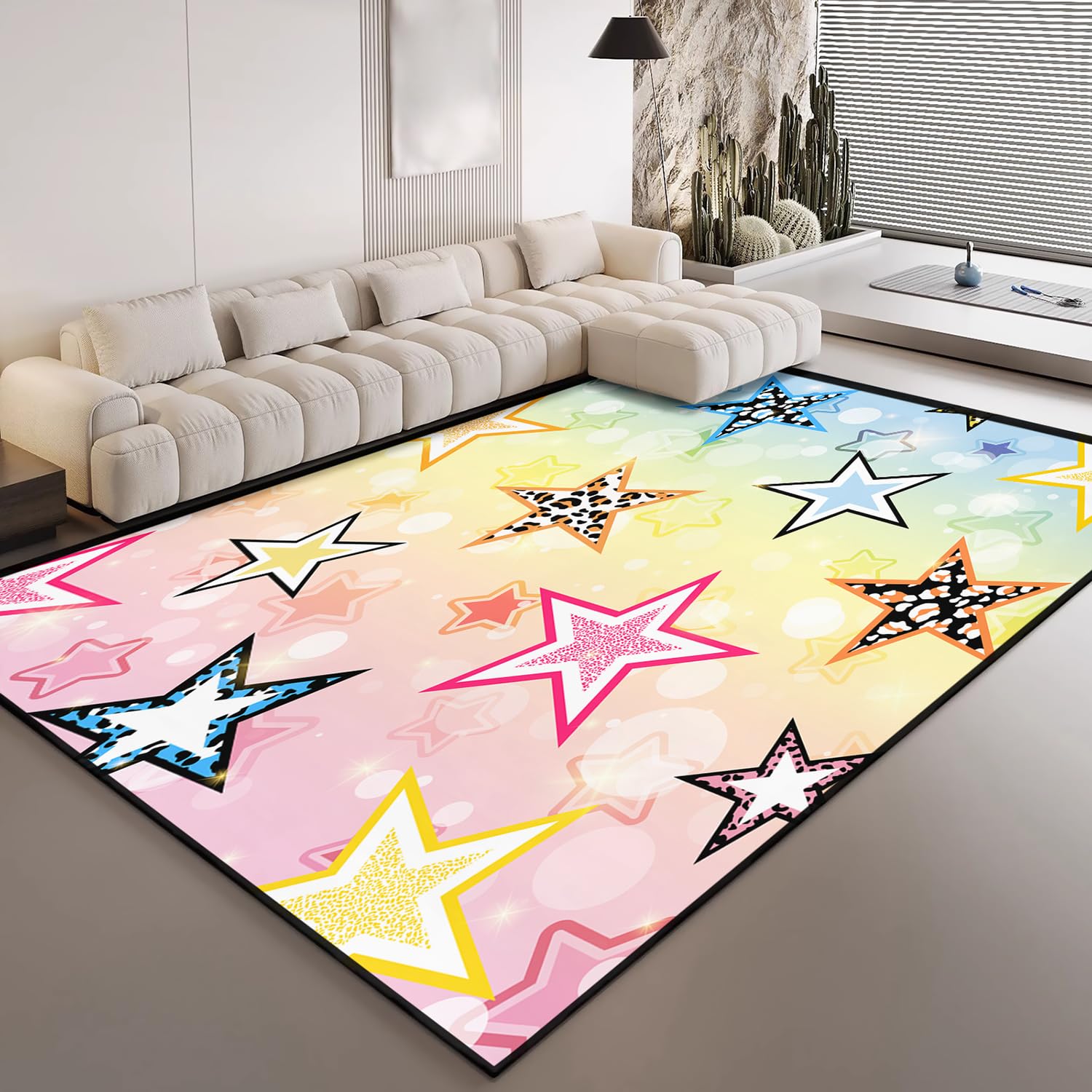 HOSIMA Teppich, Weiche Bodenmatte, Regenbogen-Stern-Druck, Rutschfeste Schlafzimmer Matte, Kurzflor Flauschige Matte, Waschbar, 150x200 cm, Stern