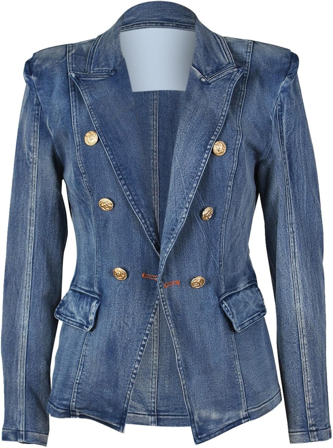 Women's Slim Fit Denim Tailored Double Breasted Pockets Jeans Jacket Denim Long Jacket Women