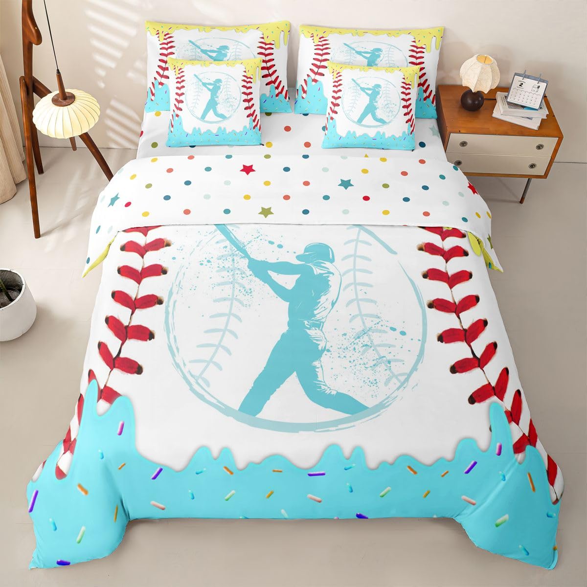Roter Baseball Bettwäsche 155x220 7teilig Baseball EIS Bettwäsche-Set 1 Bettbezug,1 Spannbettlaken,1 Bettlaken,2 Kissenbezüge,2 Dekokissenbezüge Kinder Mädchen EIS Tropfen