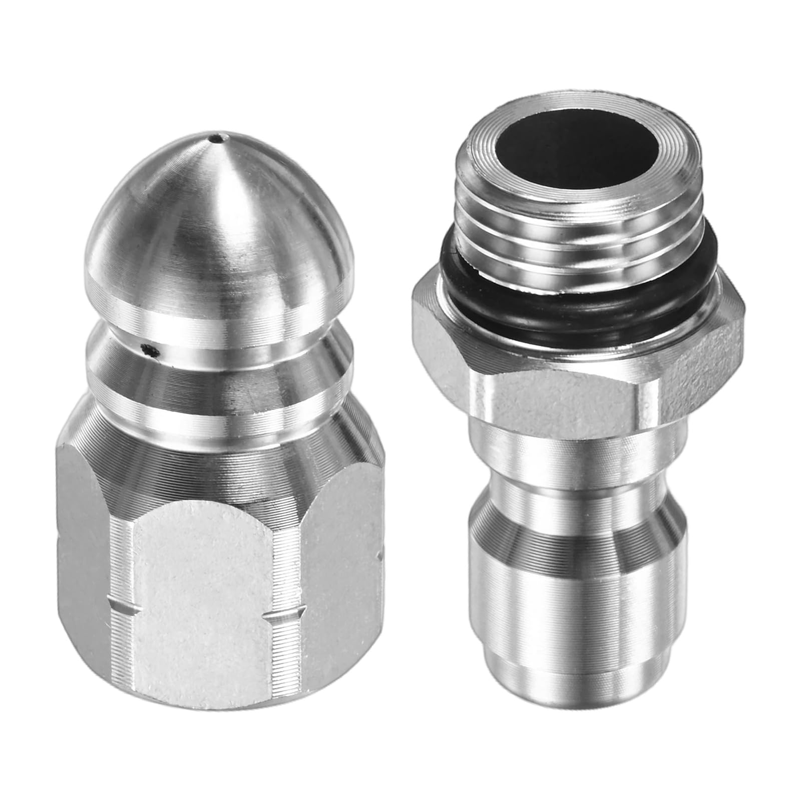 M METERXITY 1-Pack Sewer Jetter Nozzle Stainless Steel, High-Pressure Drain Jetter Pointed Hose Nozzle, G1/4 1 Front Jet+ 3 Rear Jets for Drain/Hair/Pipe Unclogging
