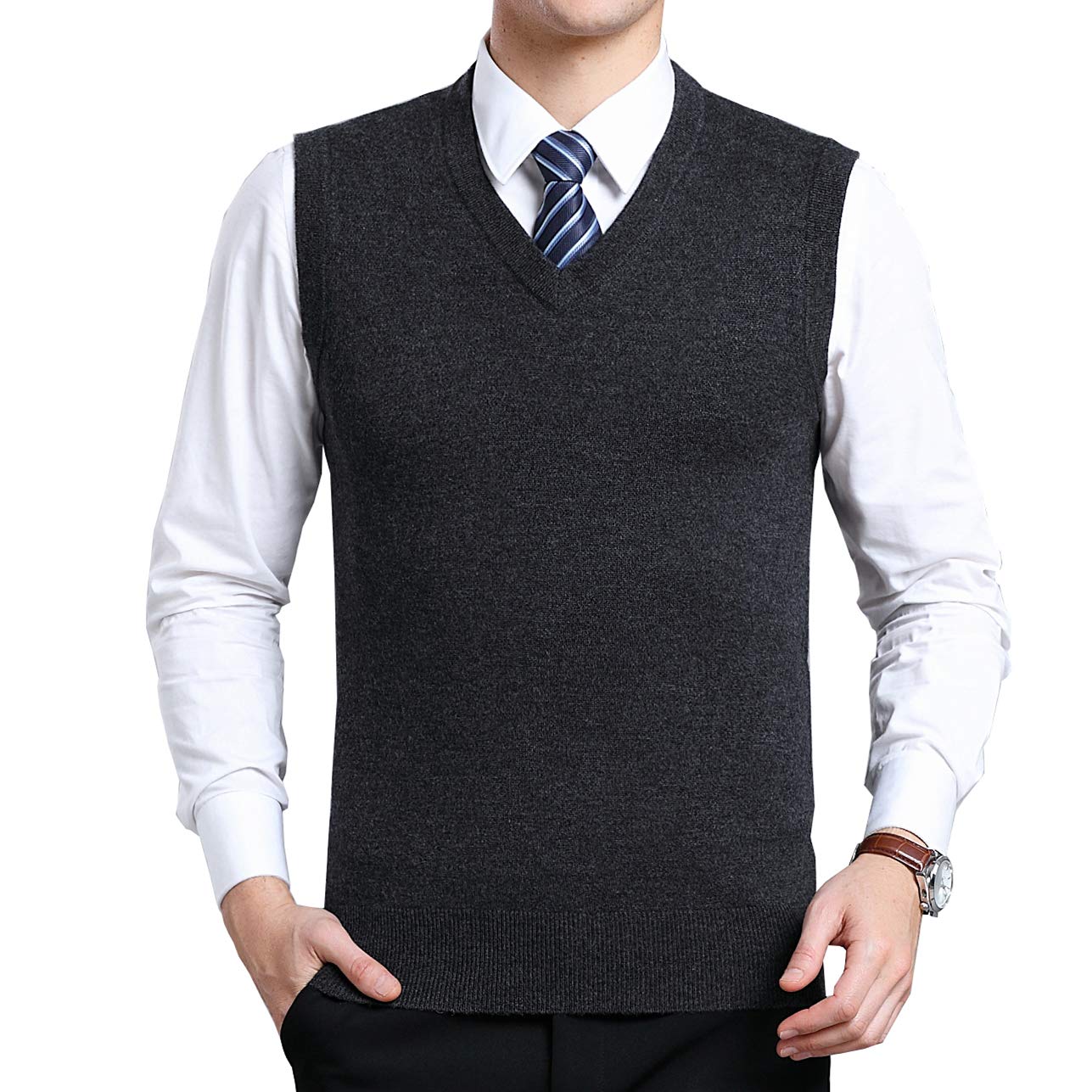Biutimarden Men's Dark Grey_1680 Moren Classic V-Neck Wool Sleeveless Jumper Vest Autumn Winter Warm Knitted Gilet Slipover Waistcoat Sweater Tank Tops (Xl, )