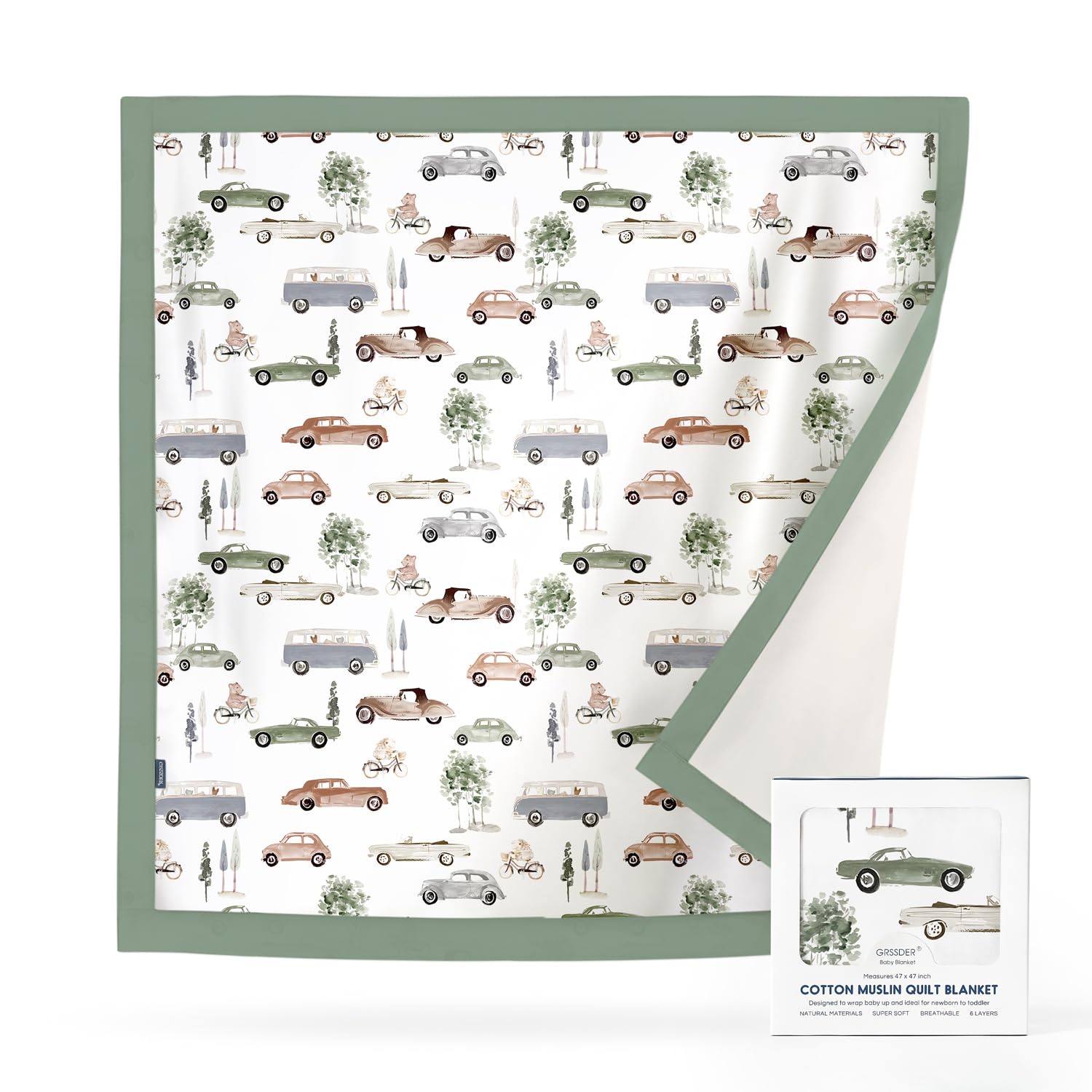 GRSSDER Cotton Muslin Quilt Blanket - Silky Soft and Breathable Baby Blanket Quilt, Oversized Muslin Blankets for Newborns, Toddlers &amp; Kids, 6 Layers Reversible Design for All Seasons, 47" x 47"