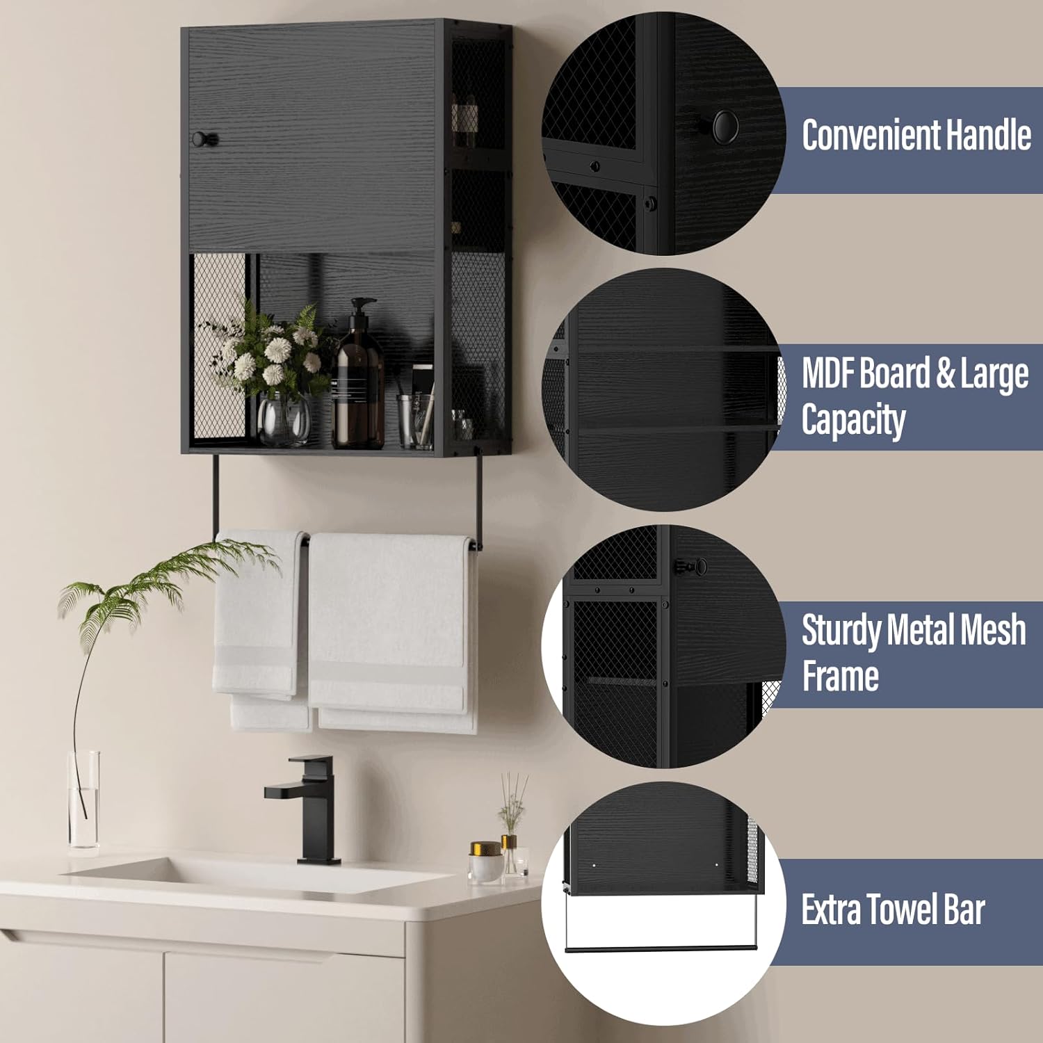 Small Bathroom Cabinet Wall Mounted with Door and Shelf 3 Tier Medicine Cabinet Hanging Bathroom Storage Shelf Over Toilet Storage Cabinet with Towel Bar for Laundry Room Living Room, Black