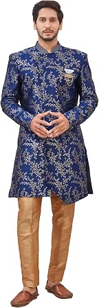 Indian Designer Wedding Festive Wear Jacquard Indo-Western Sherwani Pajama Set For Men