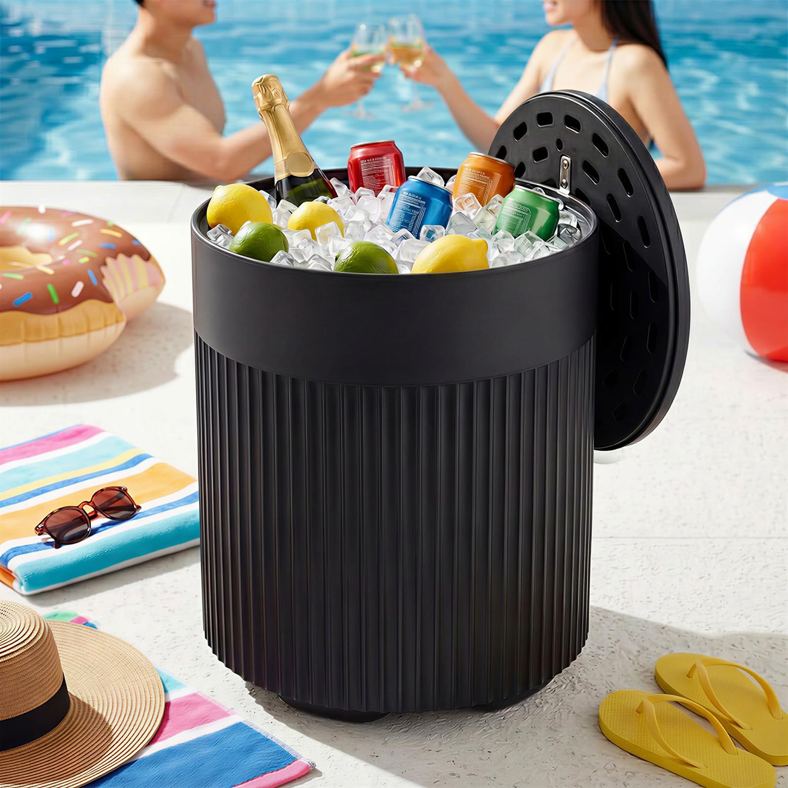 PASAMIC Outdoor Cooler Side Table, 3-in-1 Small Outdoor Side Table with Storage for Patio, Poolside, Deck, Modern Ice Cooler Table with Drain Plug (