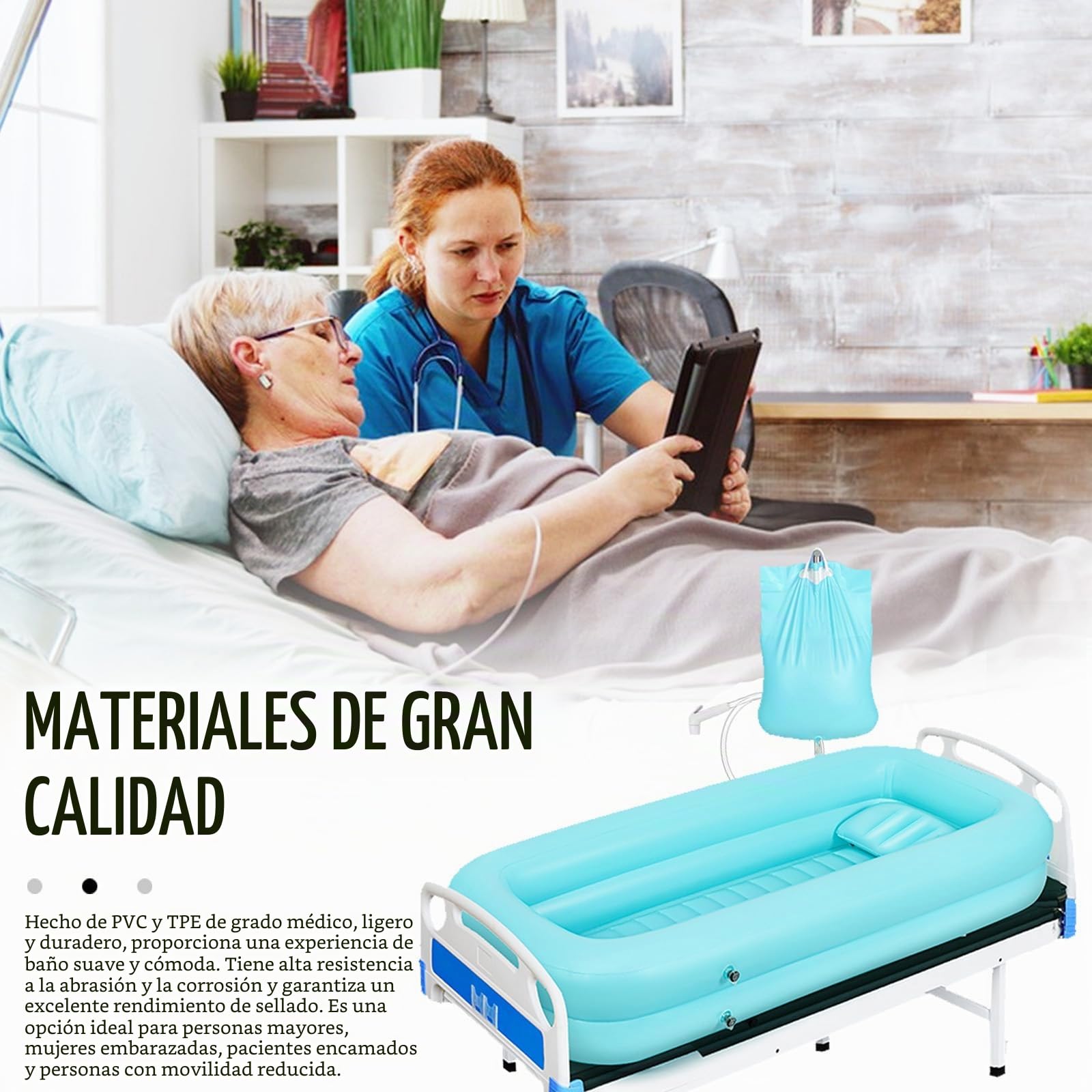 Bañera Inflable Bañera Ducha con Bolsa de Agua y Bomba de Aire para Discapacitados, Herramientas de Baño en la Cama Herramientas para Mesita de Noche Bañera Sistema de Ducha Portátil en Cama