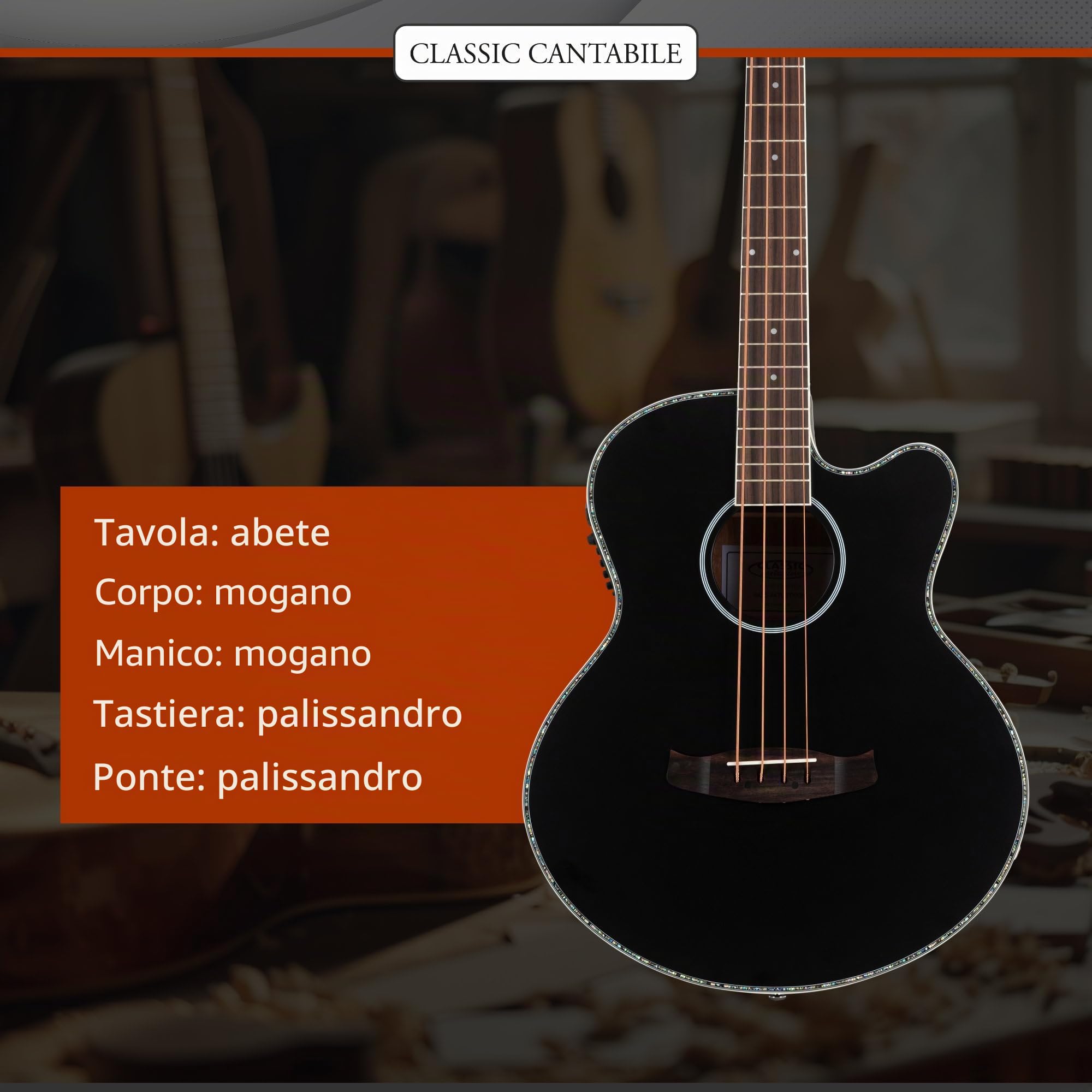 Classic Cantabile ABJ4-50CE-BK Jumbo Basso Acustico Black, Allgemein | Modell: ABJ4-50CE-BK, Gewicht: 2, 3 kg, Anzahl Saiten: 4, Orientierung: Rechtshänder, Korpus, Korpusform: Jumbo mit Cutaway