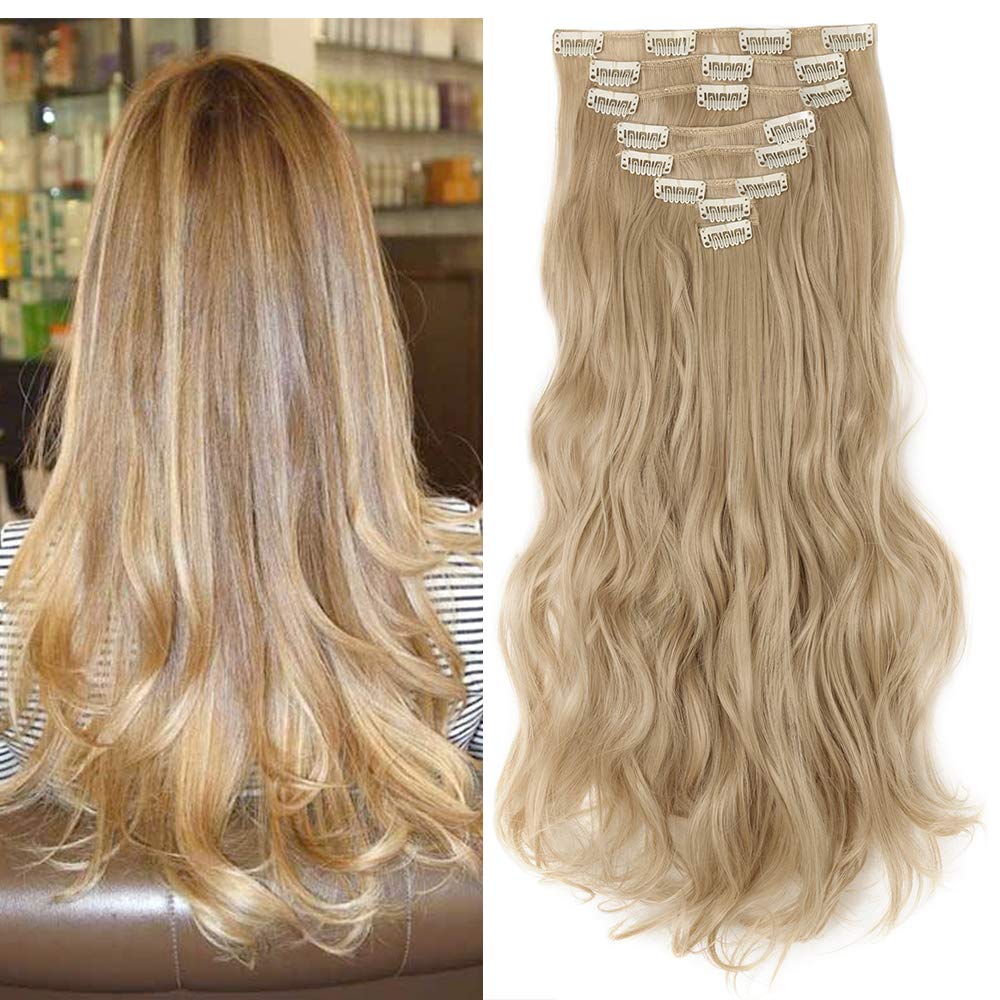 23"(58cm) SEGO Extensiones de Clip Pelo Sintético Se Ve Natural 8PCS [Arena Oscura mezcla Rubio Claro] Cabello Liso Largo Postizos Pelucas para Mujer (140g) — view 34