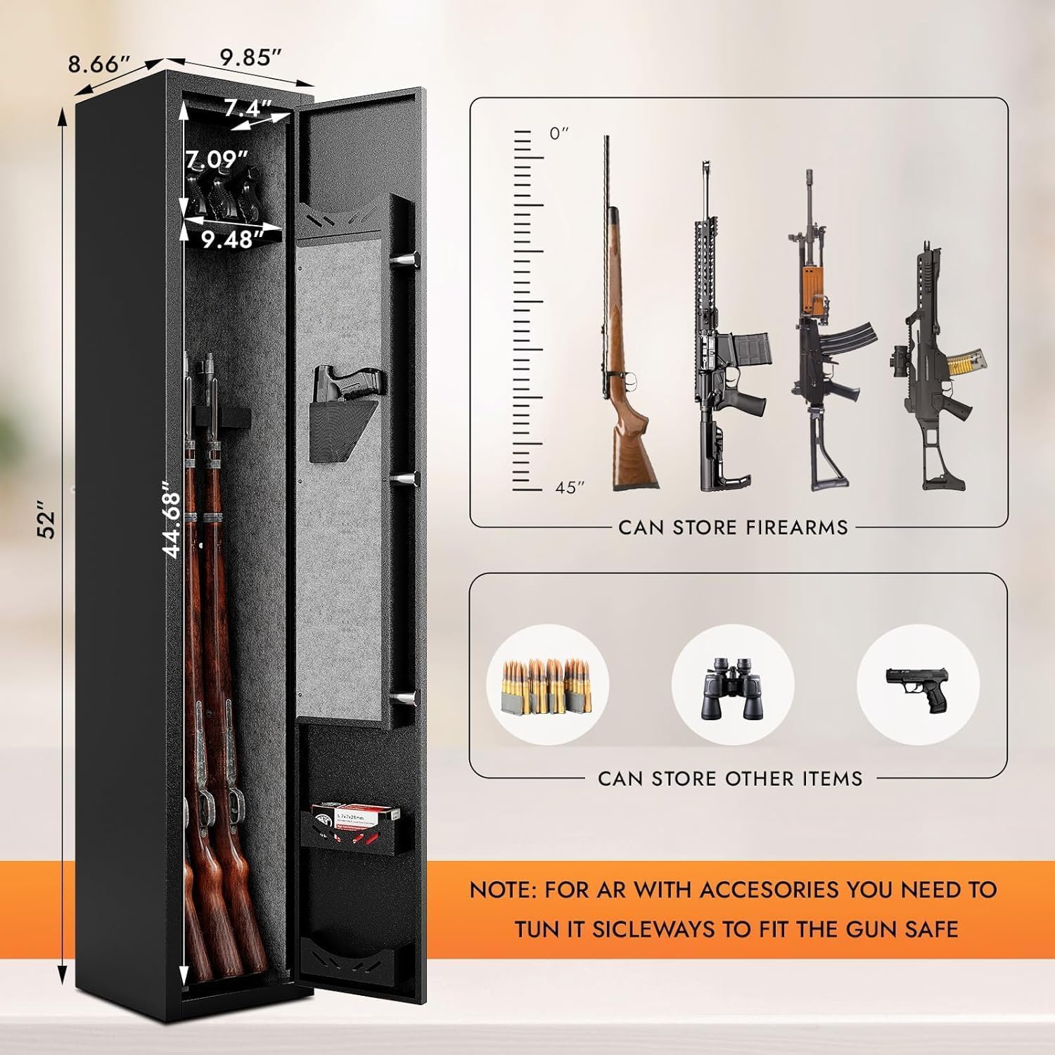 KAER 2-3 Gun Safe, Rifle Safe for Bedroom with Digital Keypad Lock, 4 Gun Slots & Pistol Pockets