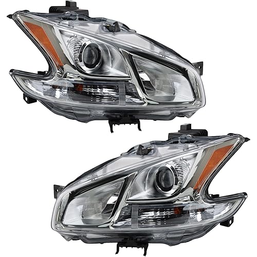 TRQ 2 Piece Headlight Assembly Set Chrome Bezel Driver & Passenger Side Compatible with Nissan Maxima 2009-2014 NI2502177 NI2503177 260109N00A 260609N00A