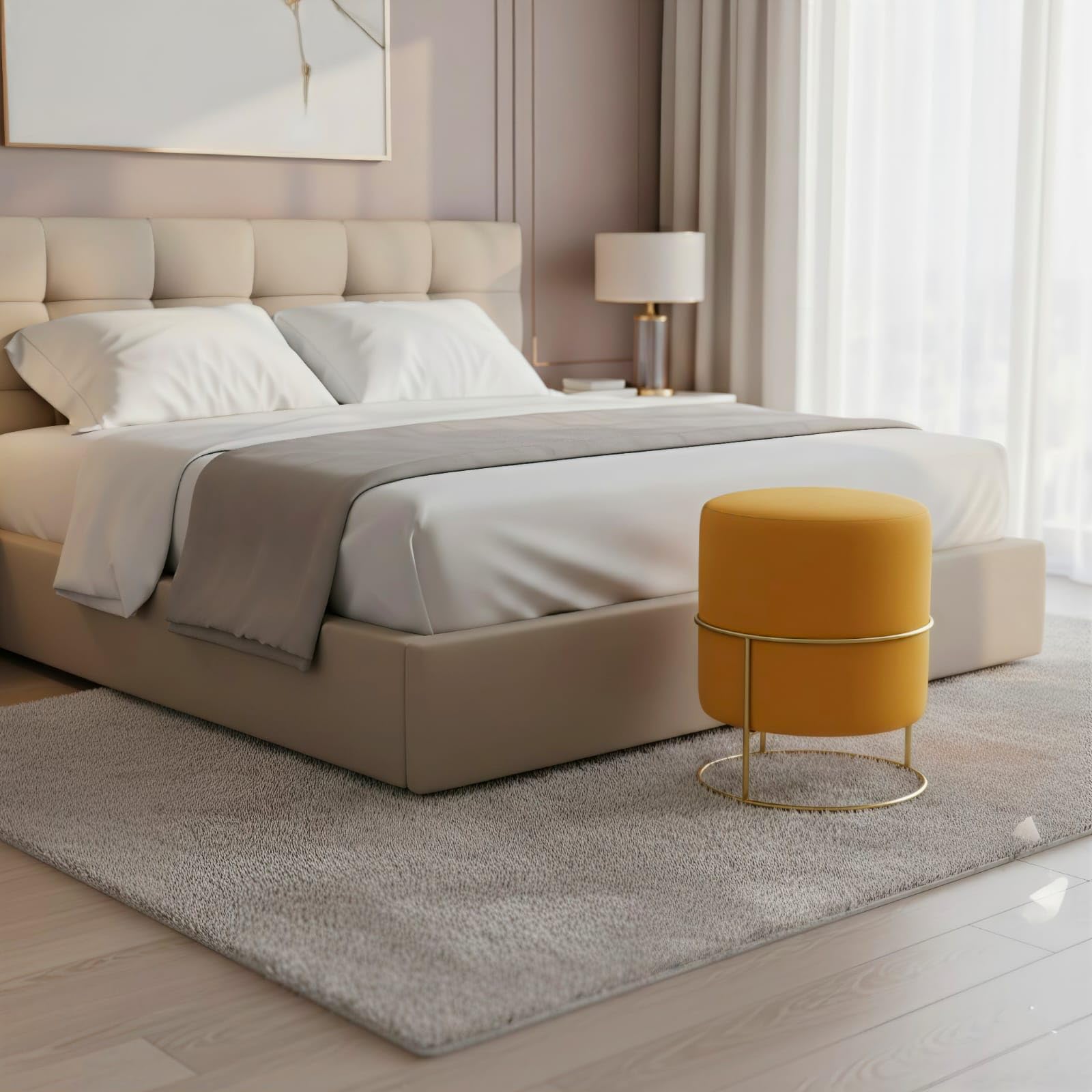 Round Velvet Ottoman Stool, Mustard Yellow, Gold Metal Frame, Modern Style, Bedroom Accent Seat-image-29