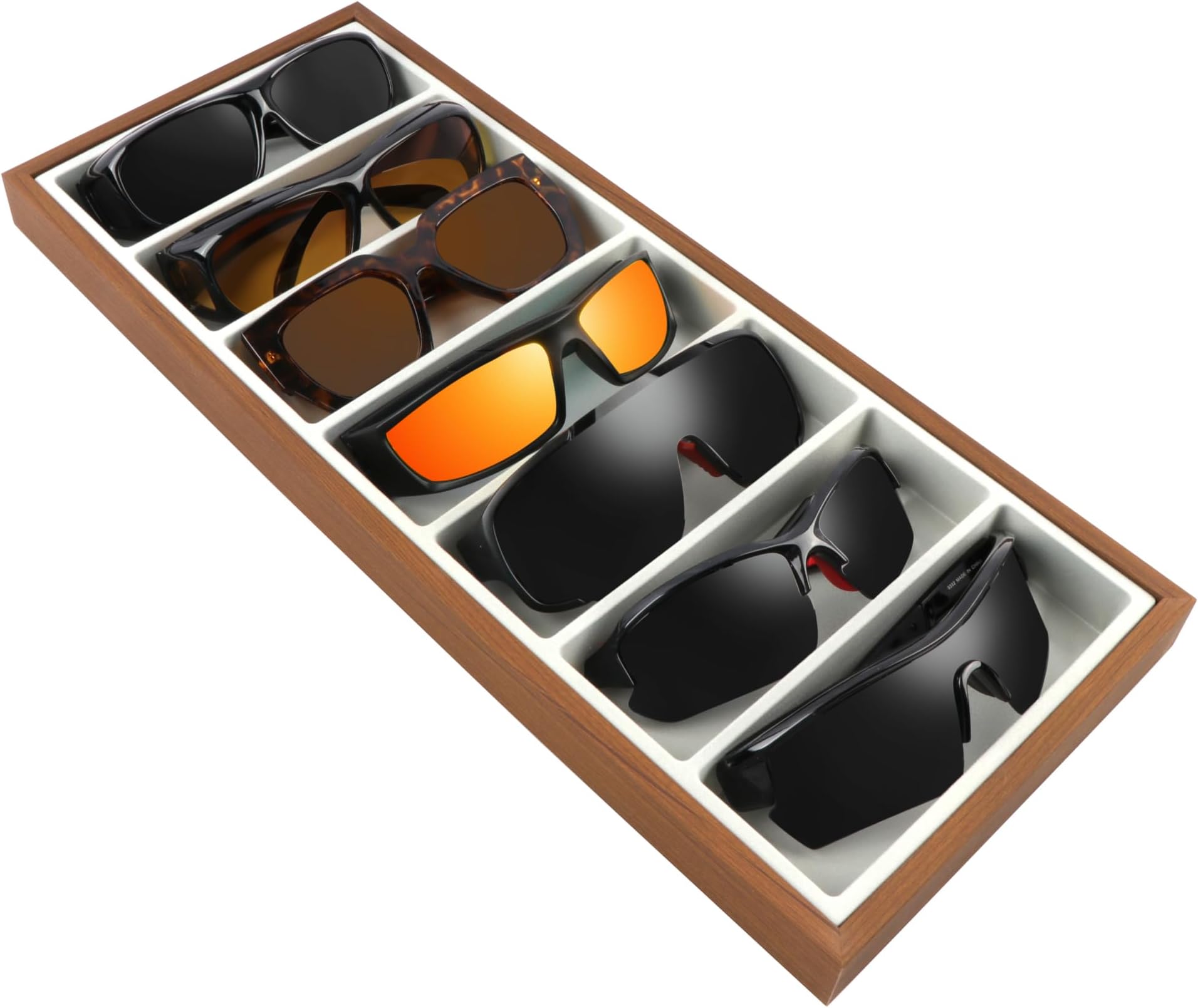 Homeanda Wooden Sunglasses Organizer Tray, Eyeglasses Display Case, Sun Glasses Storage Box, Eyewear Jewelry Tray, Wood Frame Glasses Holder (7 Grids)