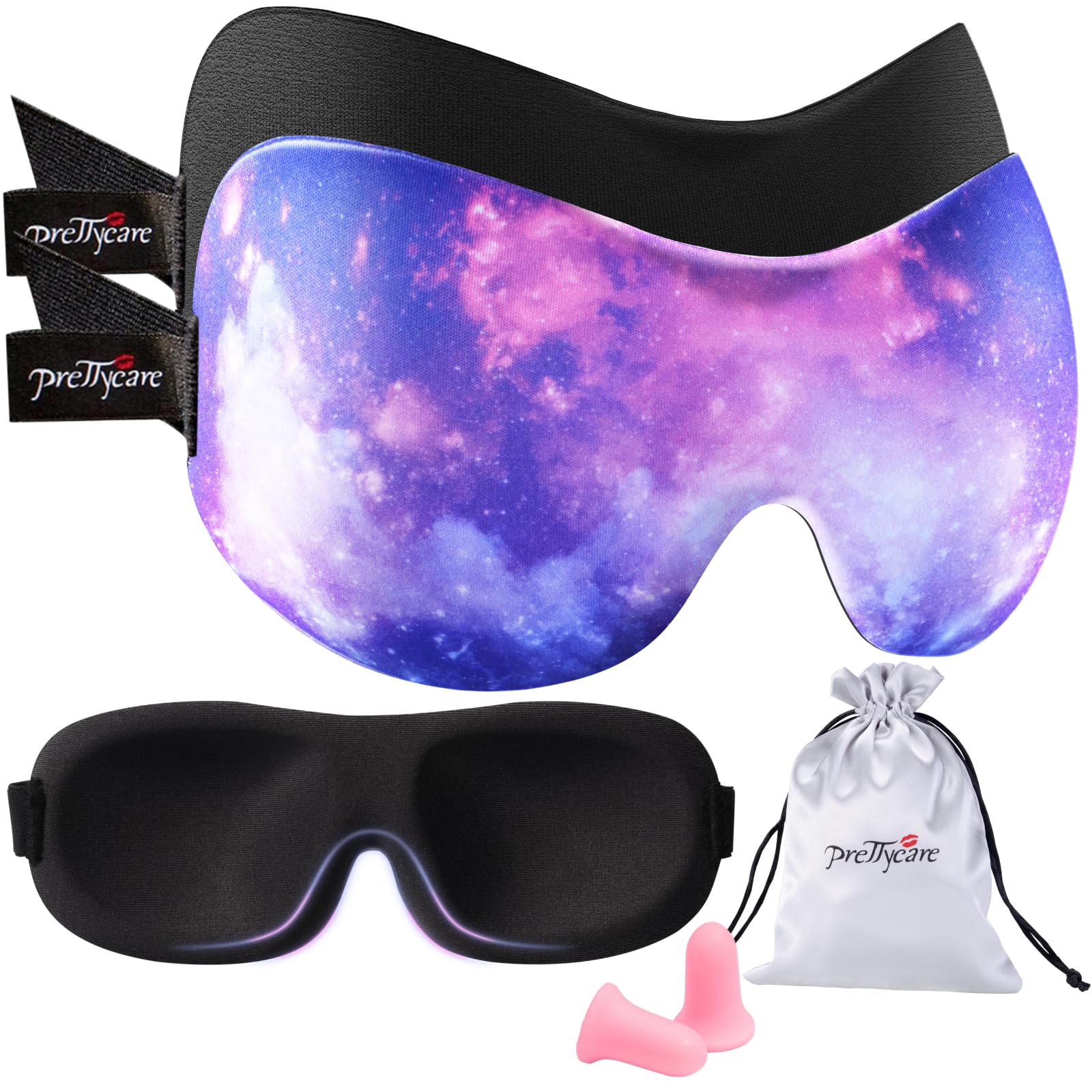 3D Sleep Mask By PrettyCare 2 Pack (Ultra Violet and Black) Eye Mask for Sleeping, 3D Contoured Sleep Mask Blindfold with an Ear Plugs, a Silk Travel Bag, Night Eyeshade for Men and Women