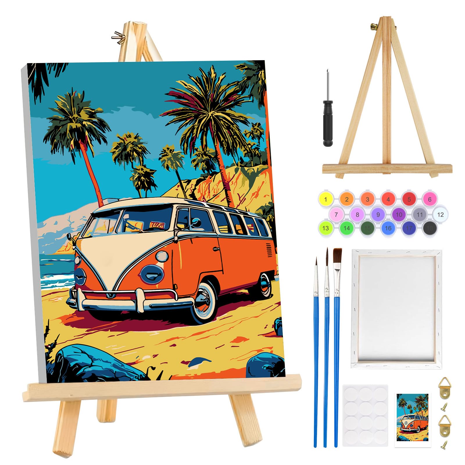 MOGTAA Bus Malen Nach Zahlen Erwachsene mit Rahmen, Strand Landschaft Malen Nach Zahlen Mit Holzstaffelei, DIY Ölgemälde Leinwand Set Acrylic Malerei Bilder für Home Dekor, 20x30cm