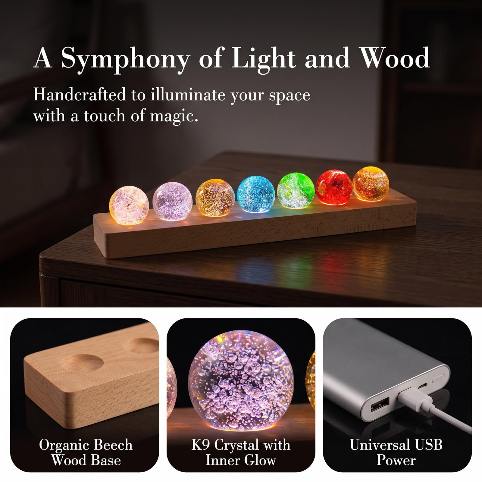7kolorowa lampka kryształową czakrą uzdrawiającą średnicy 4cm drewnianą LED